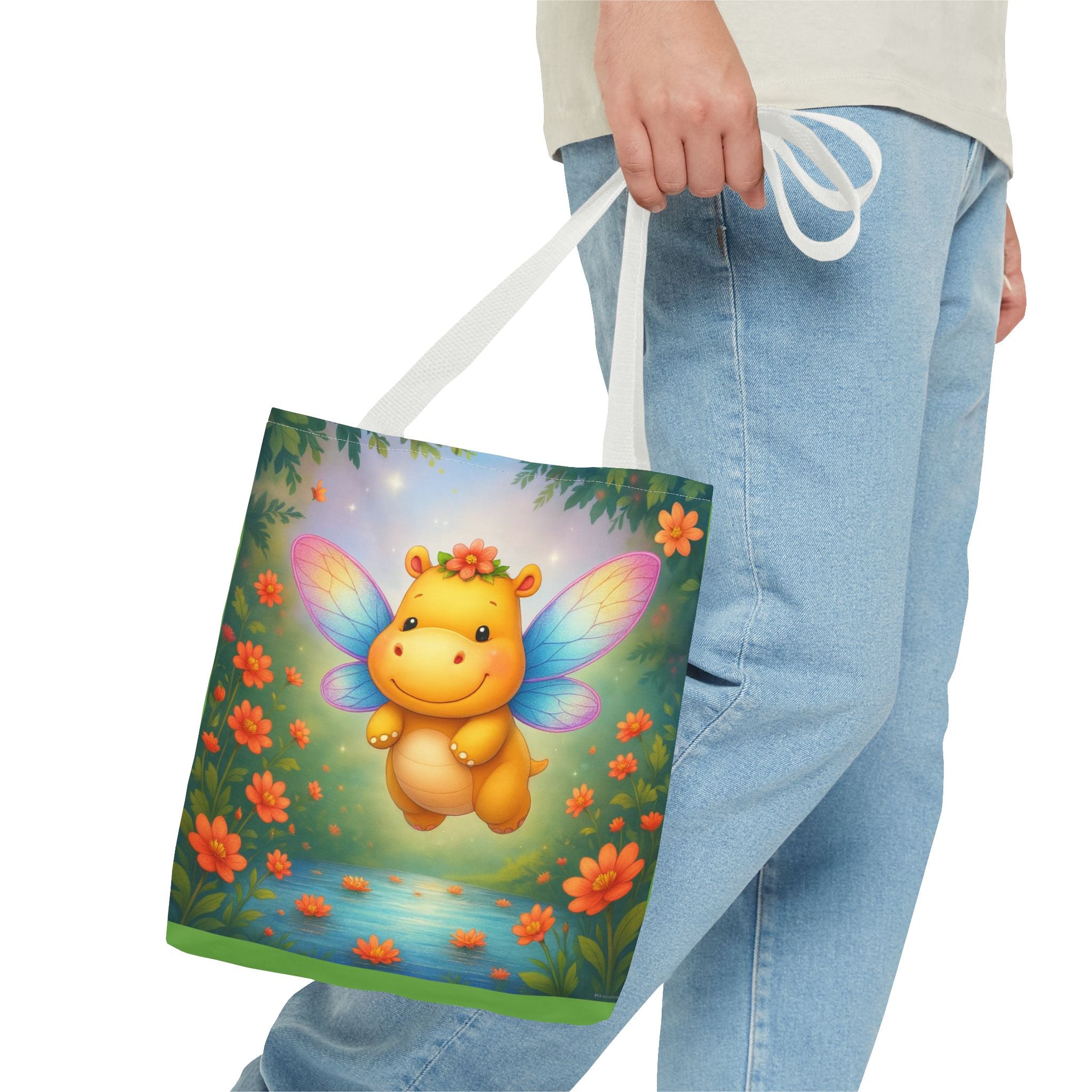 Fairy Hippo Tote Bag — Cute Floral Magic Wings Canvas Tote
