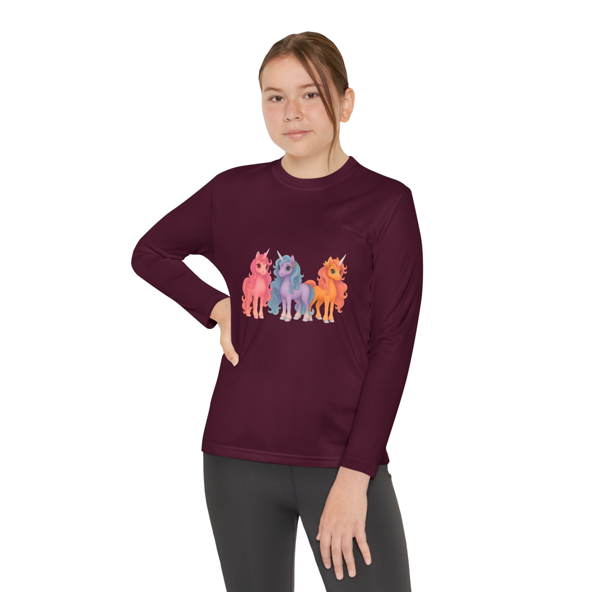 Youth Long Sleeve Tee — Colorful Cartoon Ponies Graphic