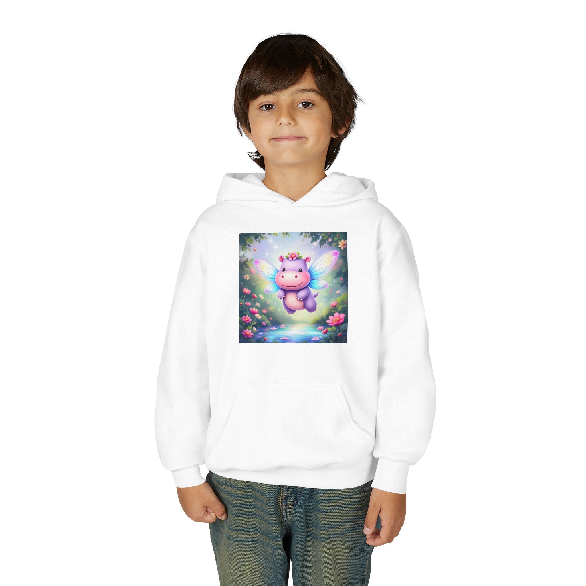 Whimsical Fairy Hippo Hooded Sweatshirt for Kids, Cute Gifts, Cozy Hoodie, Floral Design, Birthday Present