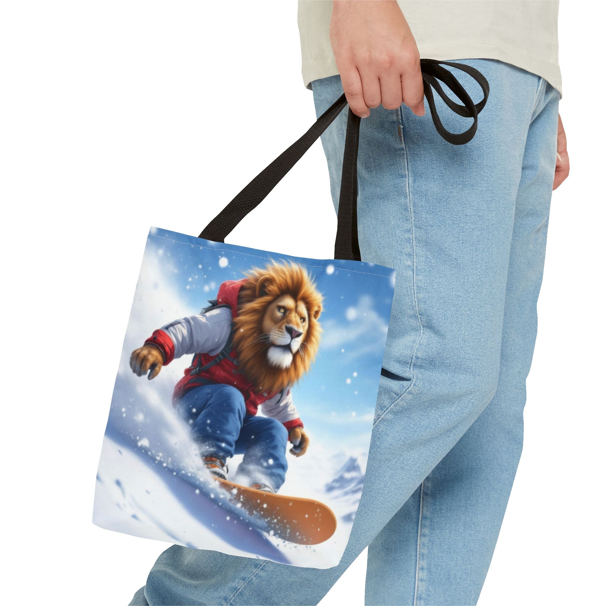 Snowboarding Lion Tote Bag — Cute Winter Animal Skiing Canvas Tote