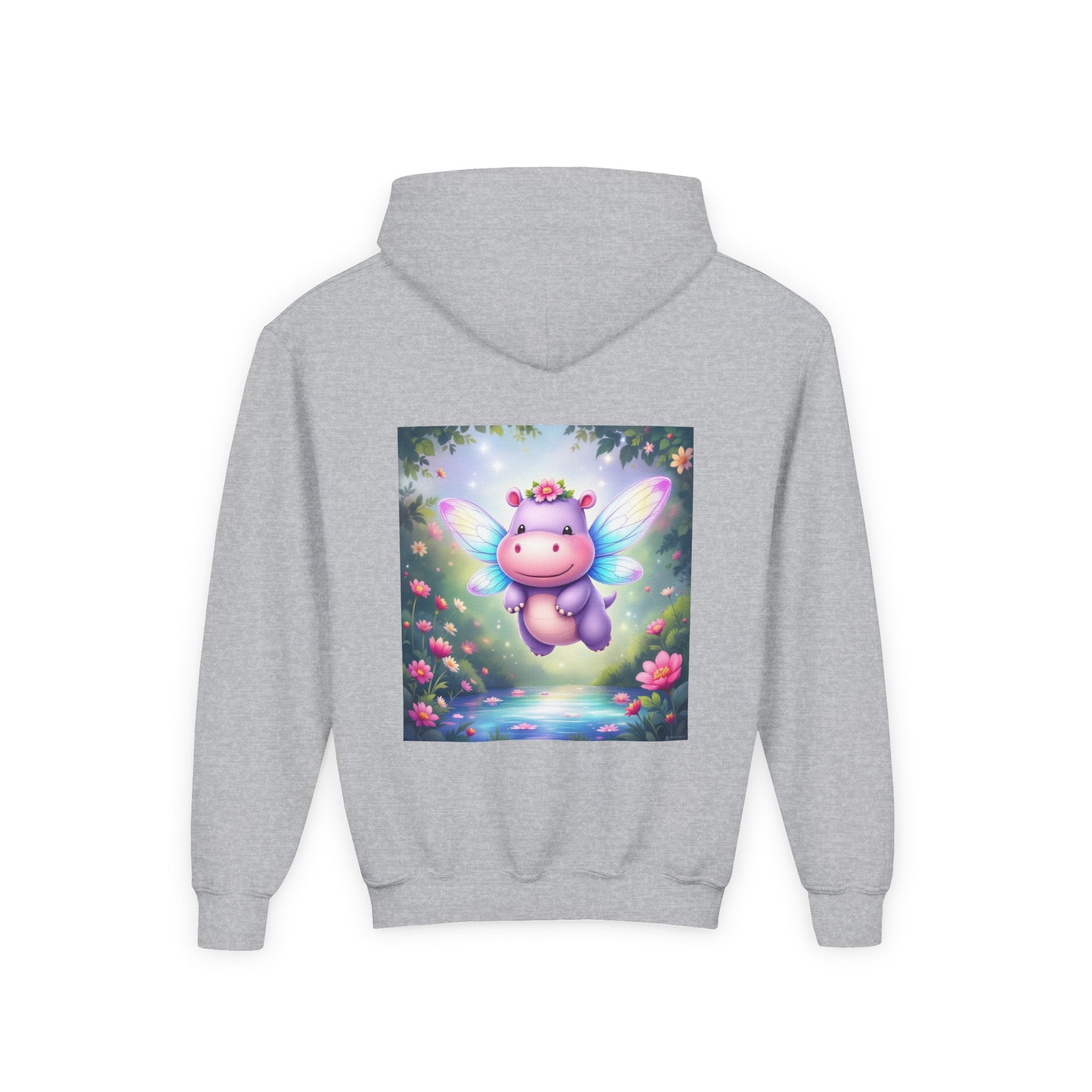 Whimsical Fairy Hippo Hooded Sweatshirt for Kids, Cute Gifts, Cozy Hoodie, Floral Design, Birthday Present