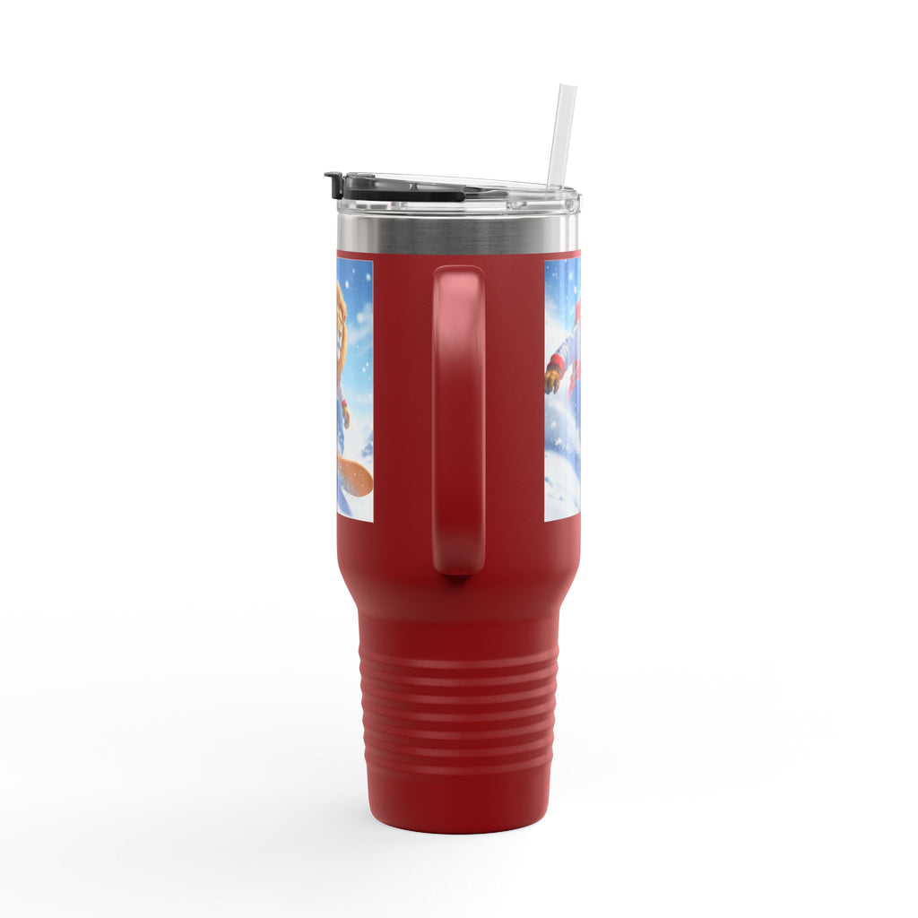 40oz Insulated Travel Mug — Snowboarding Lion Winter Adventure Design