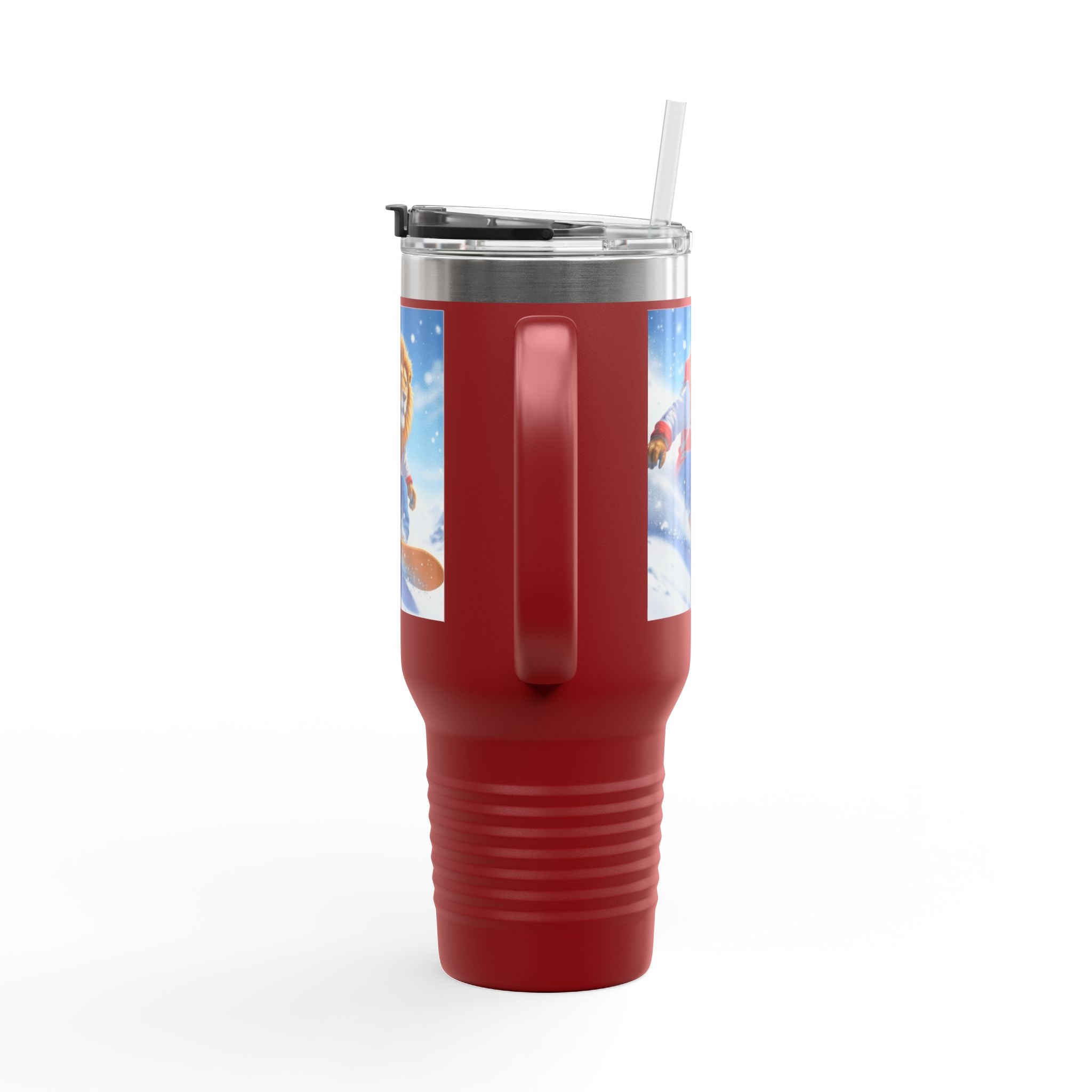 40oz Insulated Travel Mug — Snowboarding Lion Winter Adventure Design