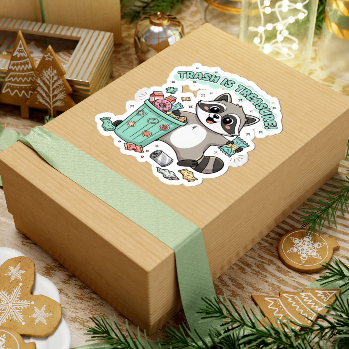 Trash Is Treasure raccoon sticker | Trash Panda Christmas, cute holiday sticker
