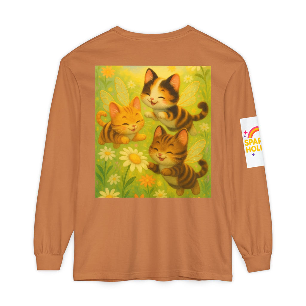 Long Sleeve T-Shirt - Whimsical Bumble Cats and Daisies in Land of Sparkle