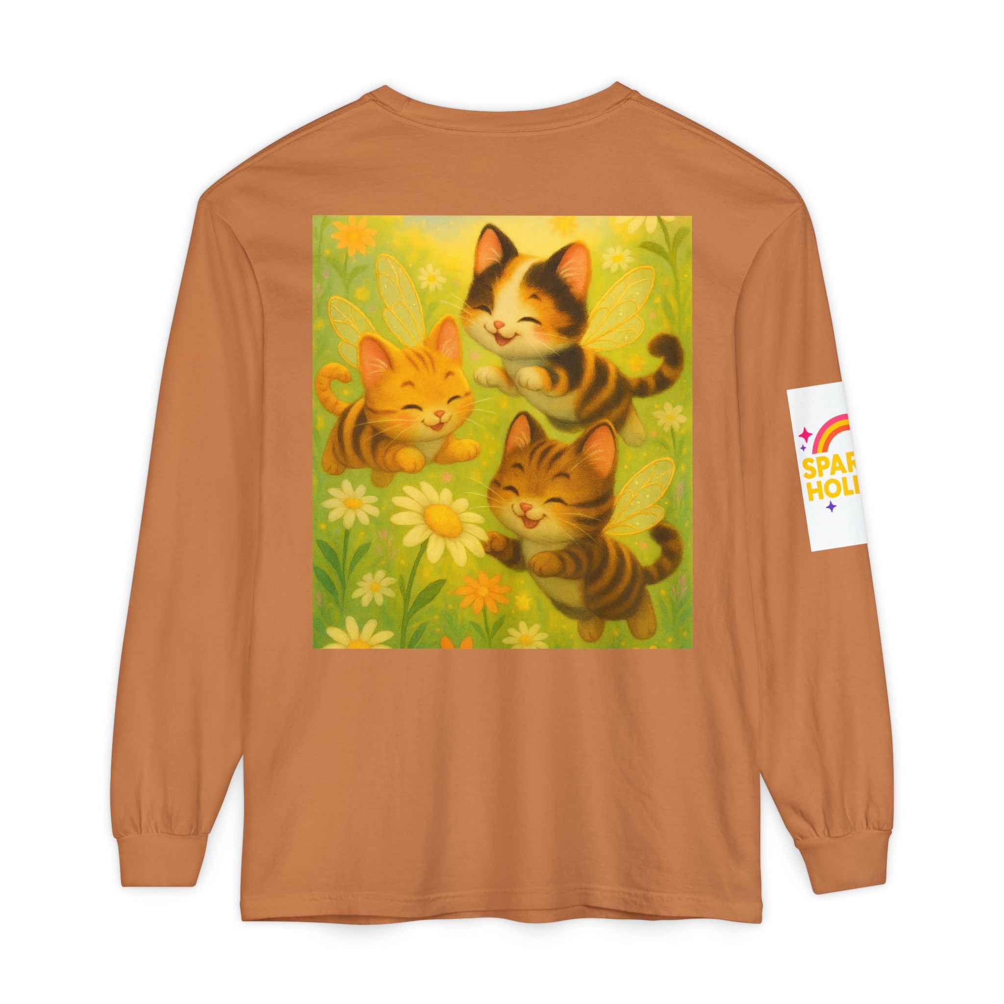 Long Sleeve T-Shirt - Whimsical Bumble Cats and Daisies in Land of Sparkle