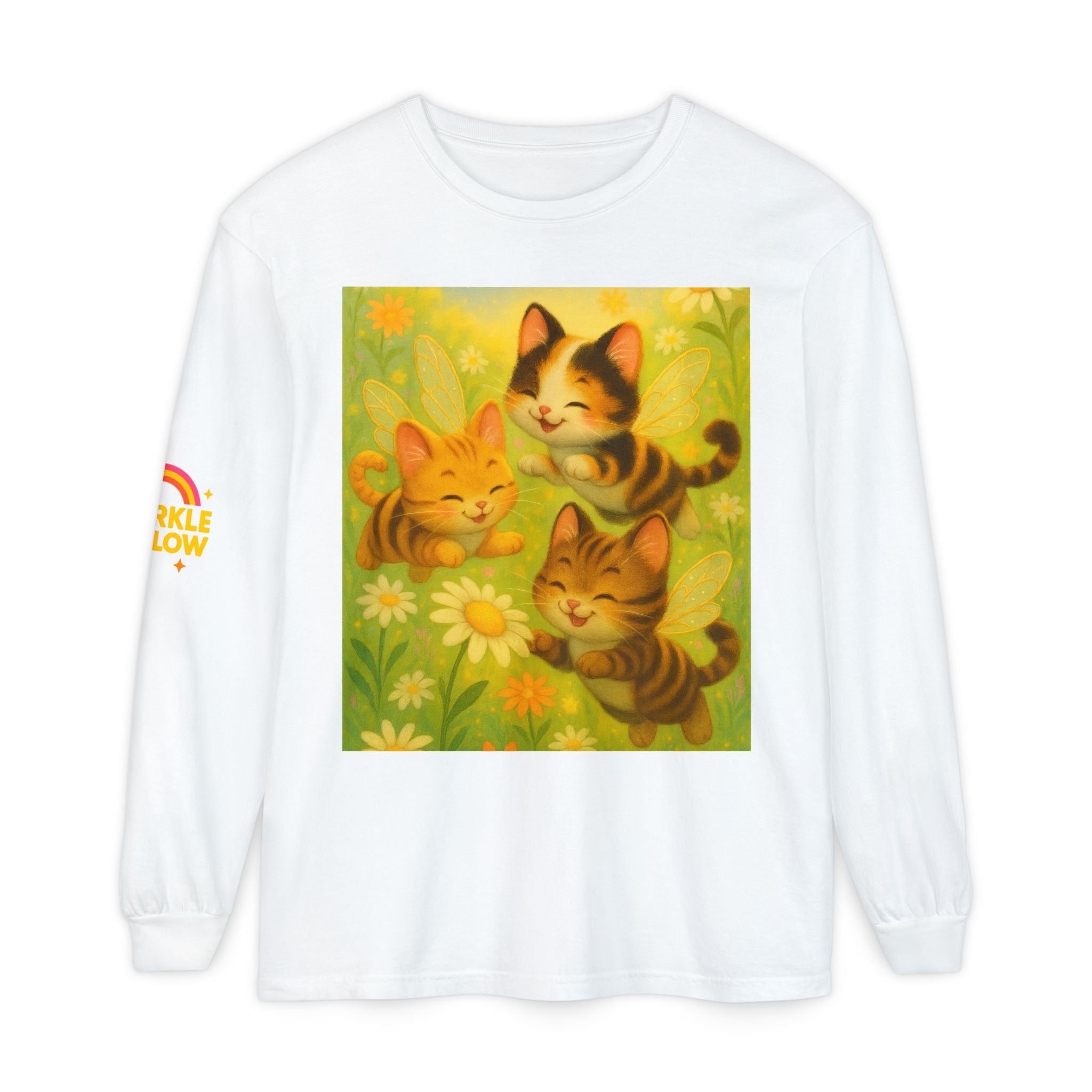 Long Sleeve T-Shirt - Whimsical Bumble Cats and Daisies in Land of Sparkle