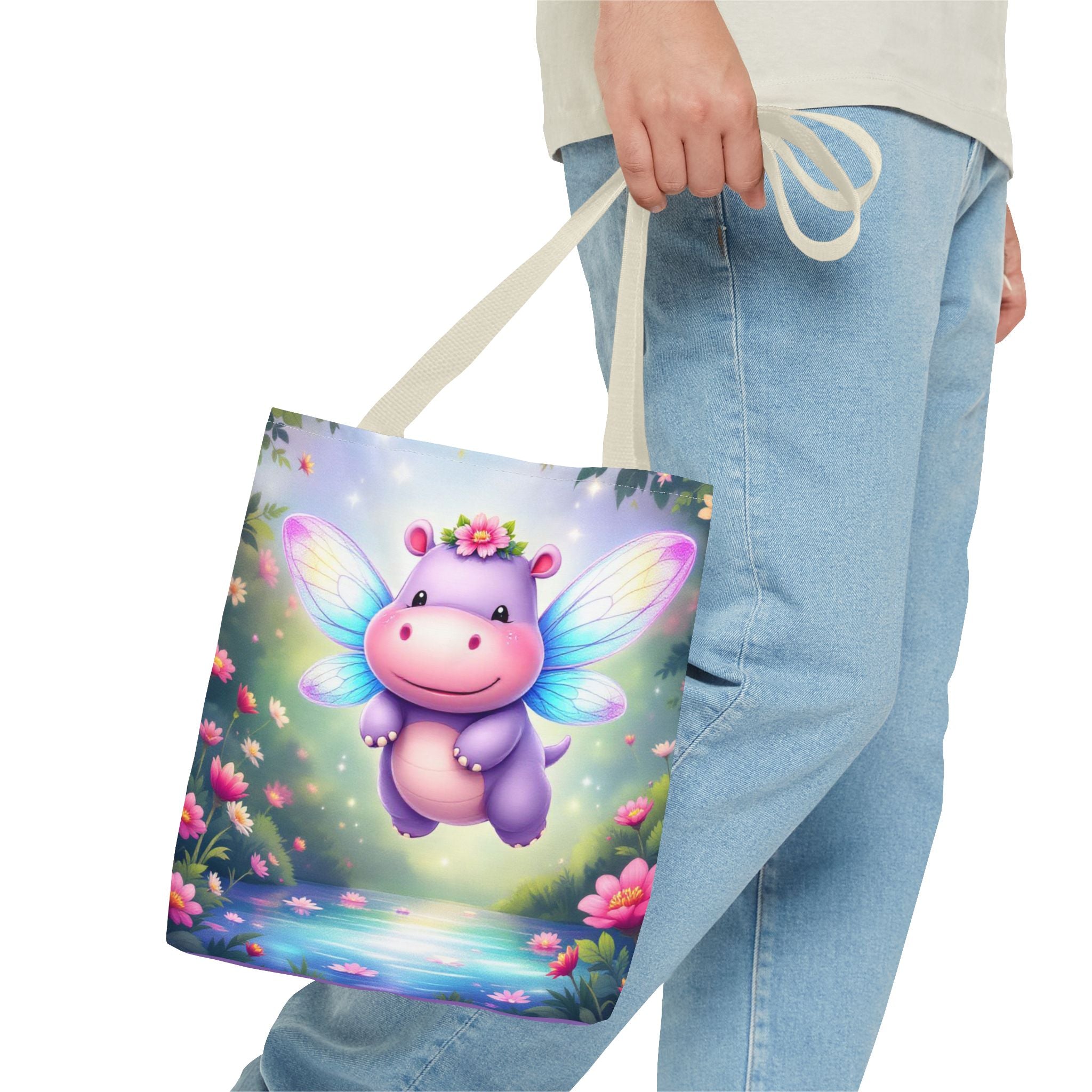 Cute Fairy Hippo Tote Bag — Magical Flower Wings All-Over Print