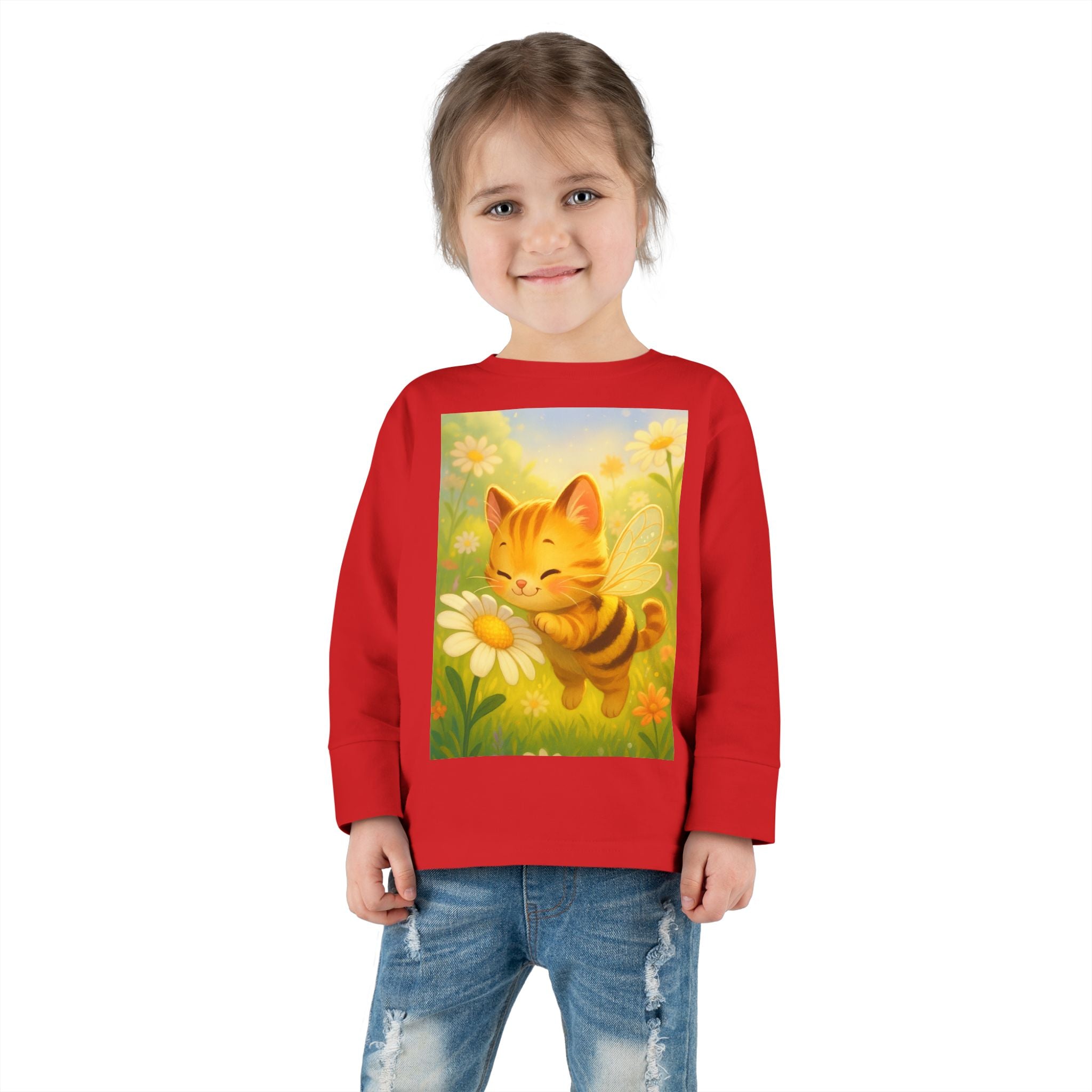 Toddler Long Sleeve Tee - Whimsical Honey Whisker Bumble Cat Garden of Flowers Design