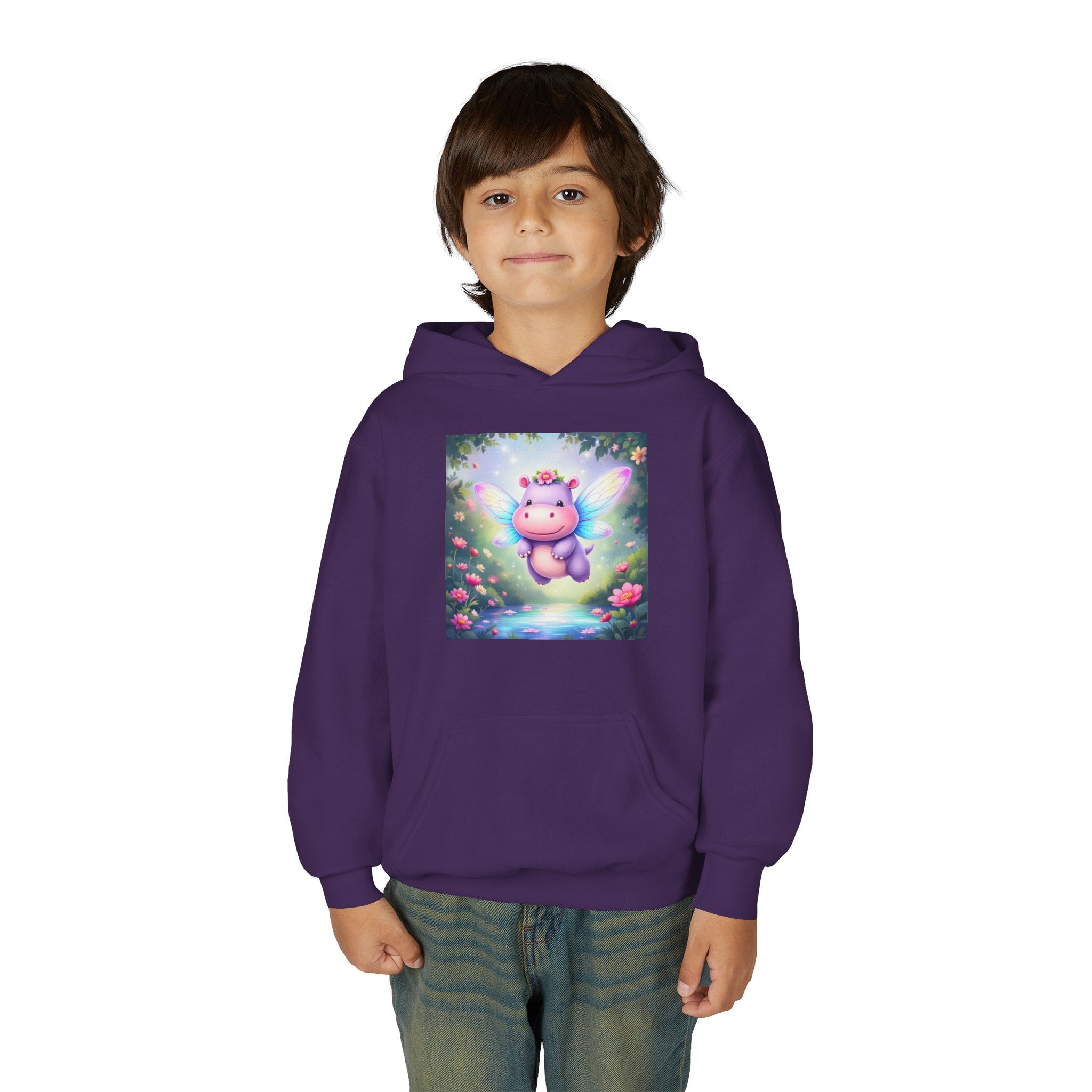 Whimsical Fairy Hippo Hooded Sweatshirt for Kids, Cute Gifts, Cozy Hoodie, Floral Design, Birthday Present