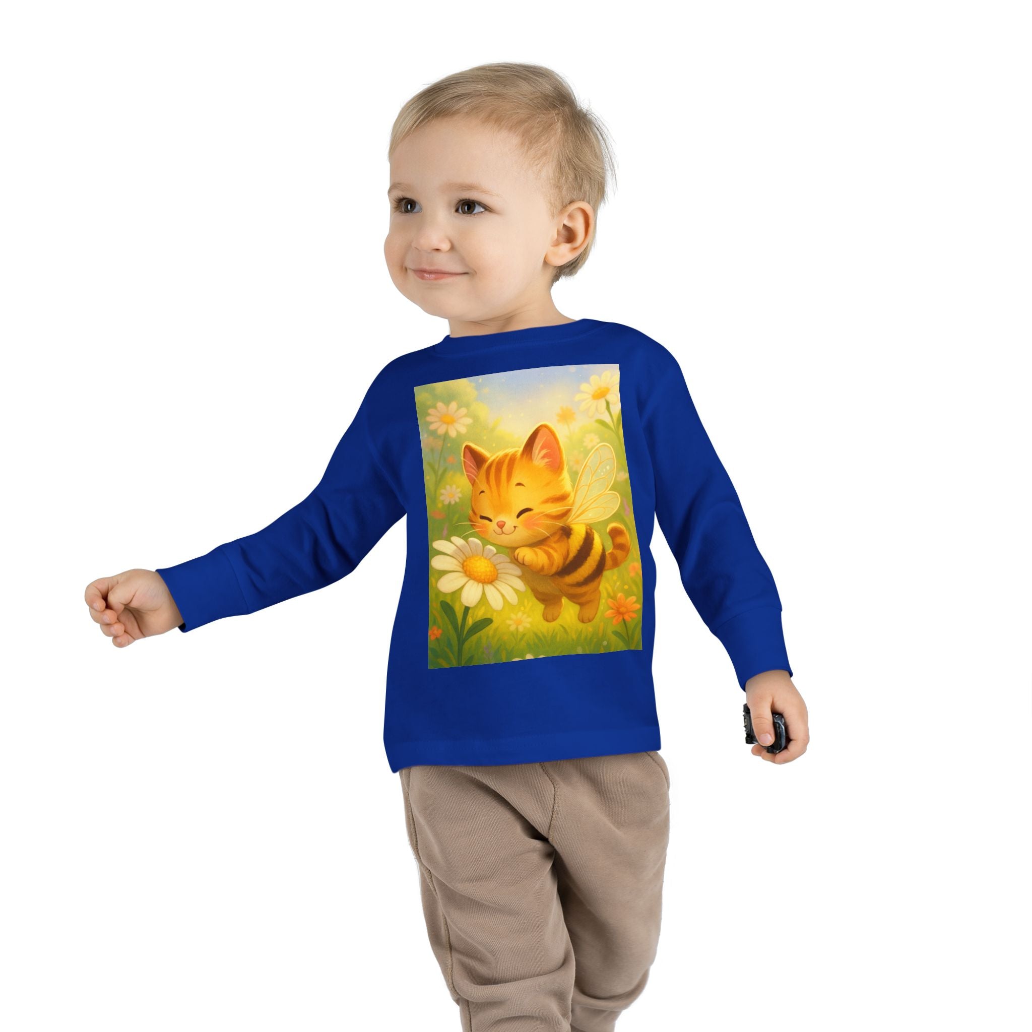 Toddler Long Sleeve Tee - Whimsical Honey Whisker Bumble Cat Garden of Flowers Design