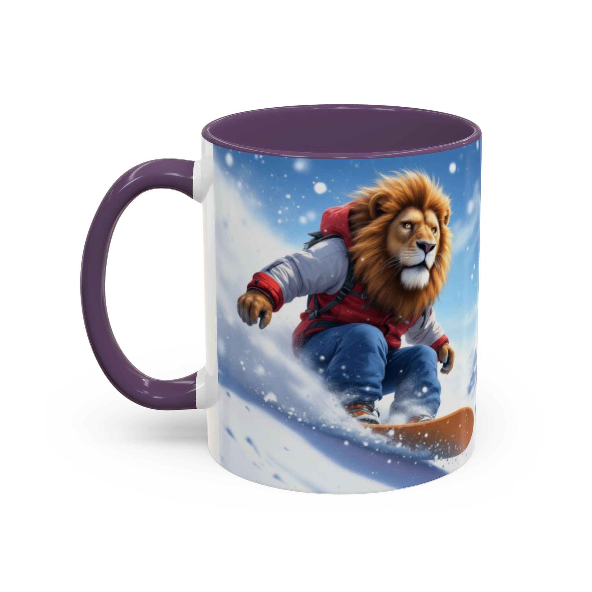Snowboarding Lion Coffee Mug — Winter Sports Animal Art 11/15oz