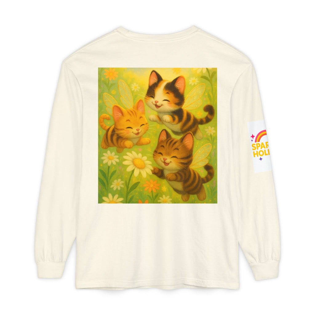 Long Sleeve T-Shirt - Whimsical Bumble Cats and Daisies in Land of Sparkle