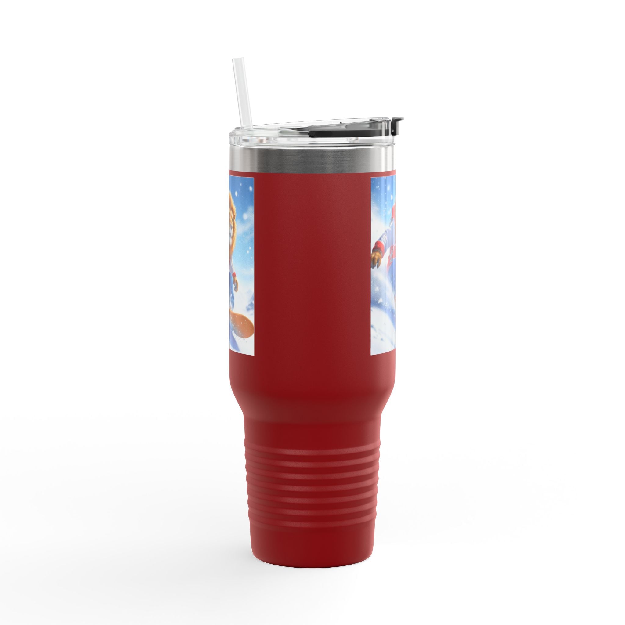 40oz Insulated Travel Mug — Snowboarding Lion Winter Adventure Design