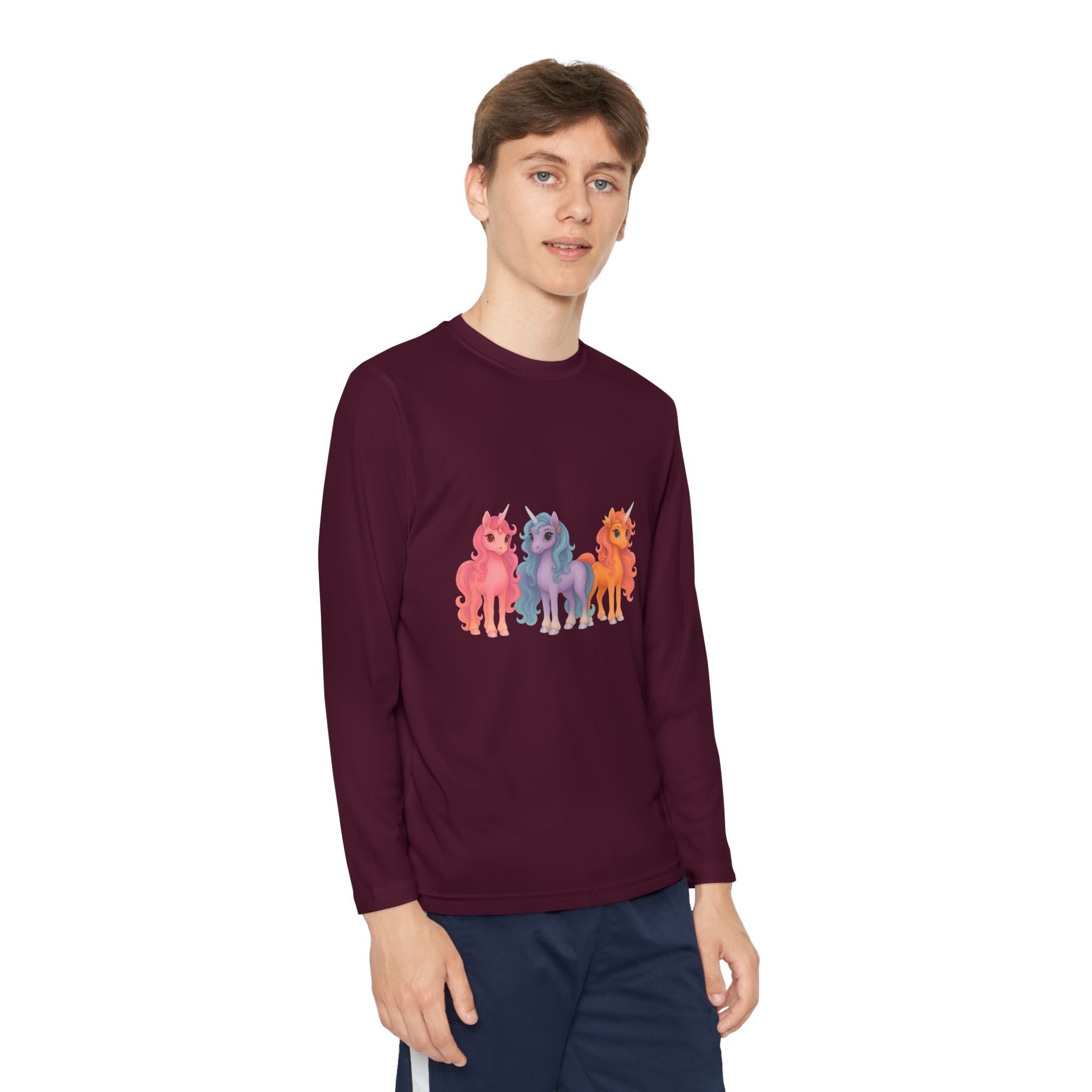 Youth Long Sleeve Tee — Colorful Cartoon Ponies Graphic