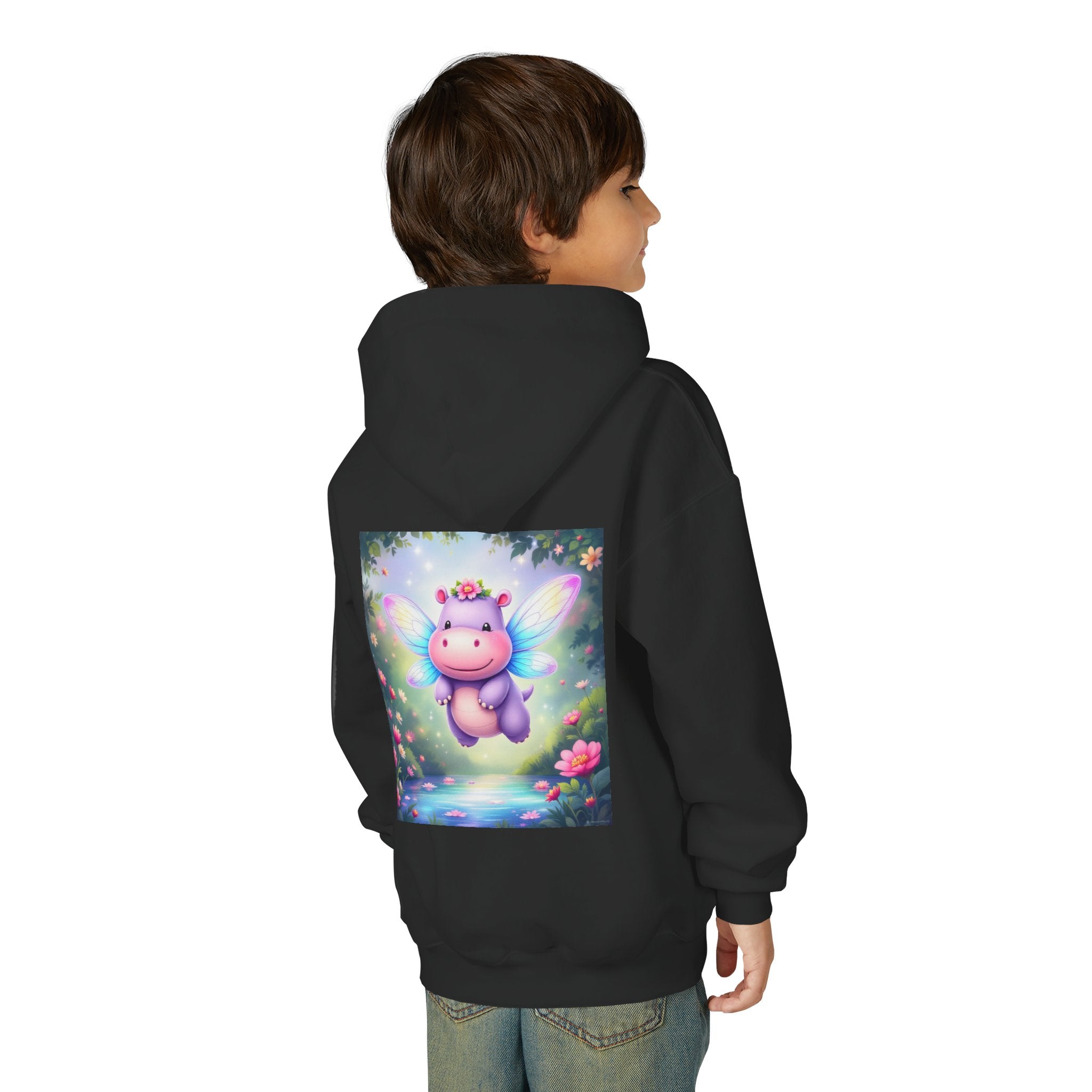 Whimsical Fairy Hippo Hooded Sweatshirt for Kids, Cute Gifts, Cozy Hoodie, Floral Design, Birthday Present