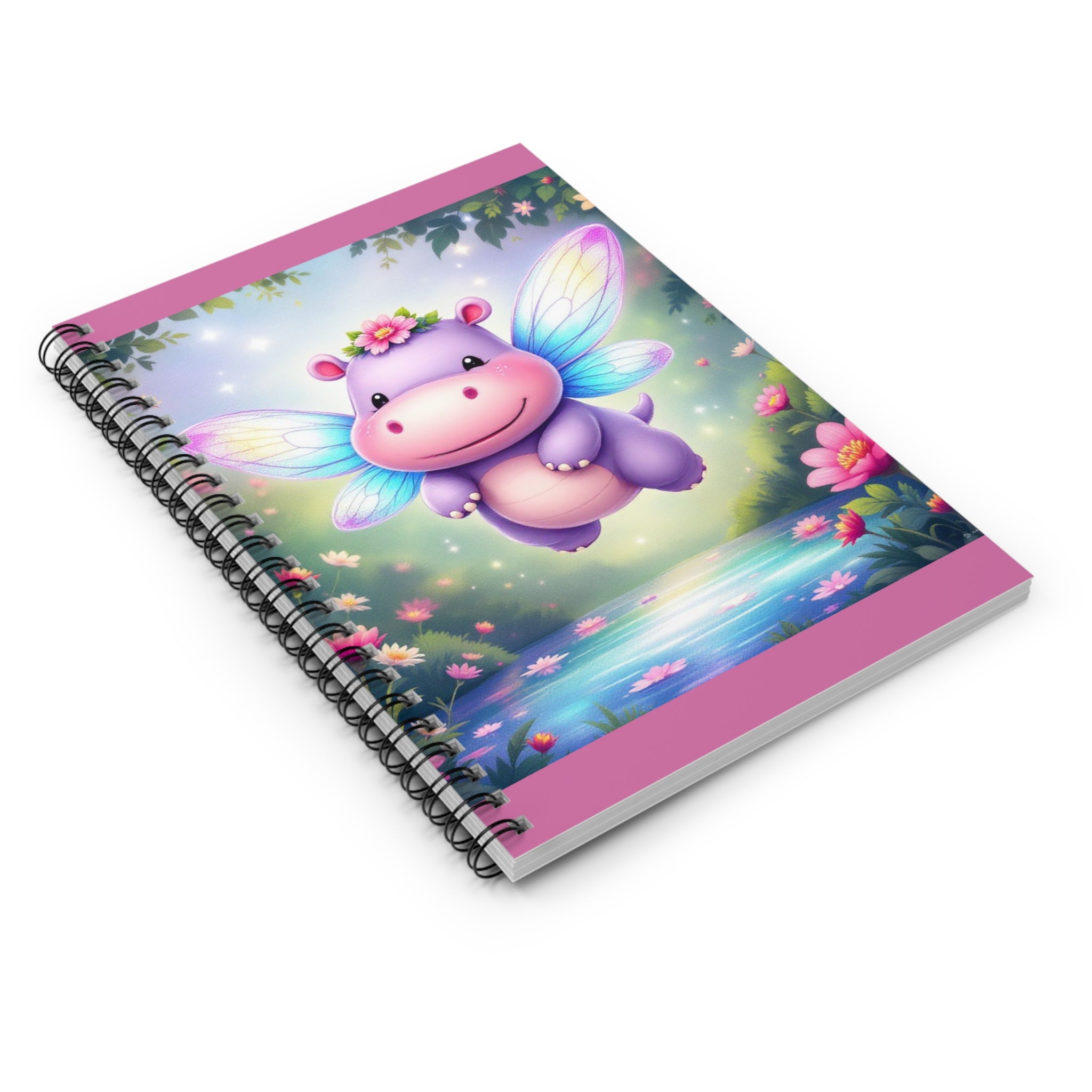 Magical Fairy Hippo Spiral Notebook — Ruled Journal for Kids, Cute Pink Woodland Writing Pad
