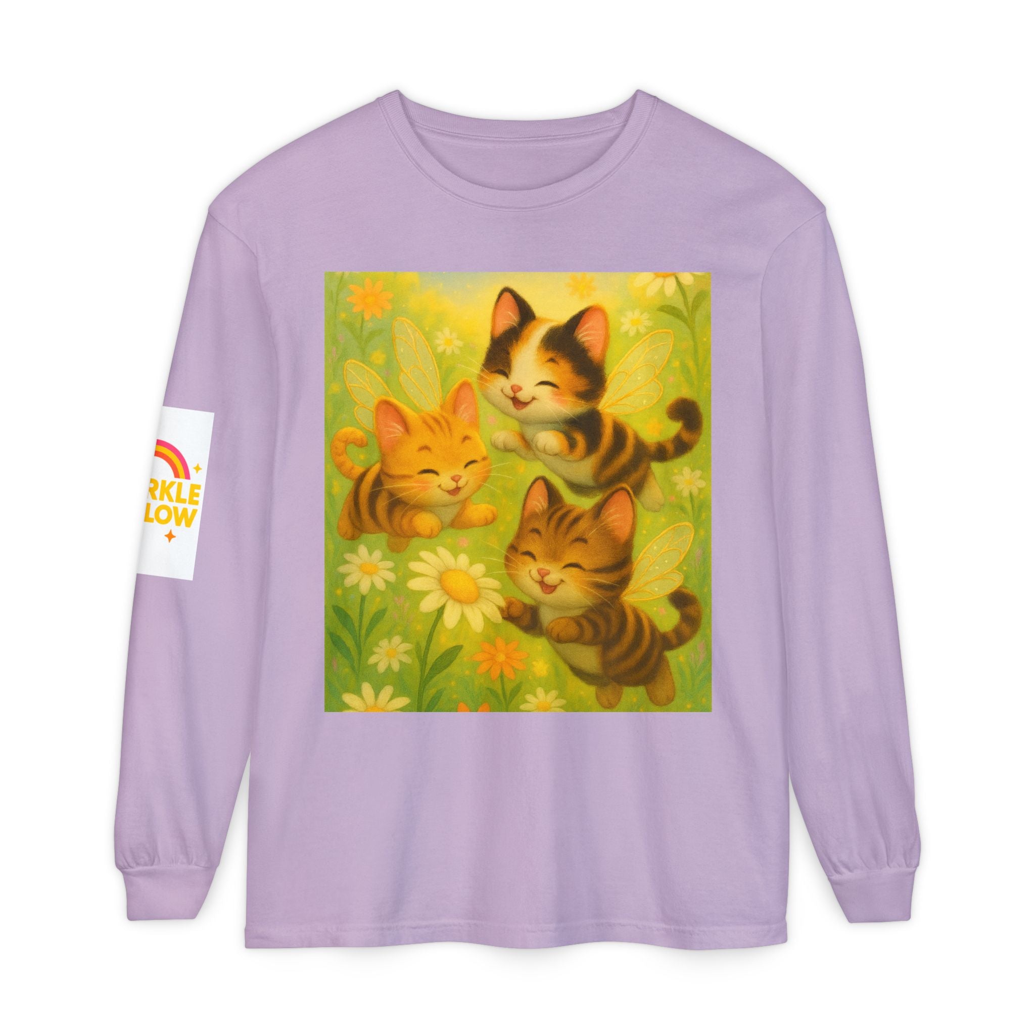 Long Sleeve T-Shirt - Whimsical Bumble Cats and Daisies in Land of Sparkle