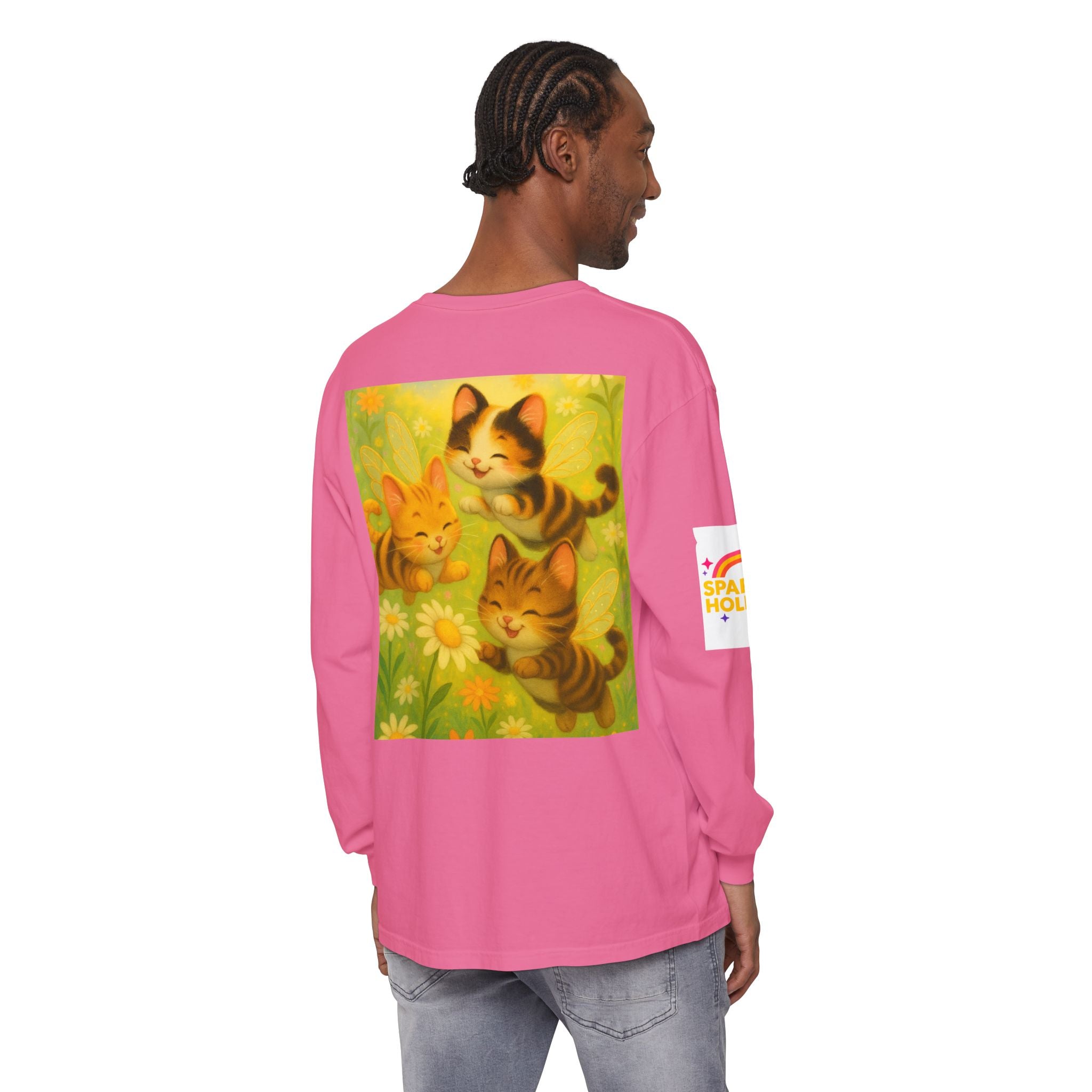 Long Sleeve T-Shirt - Whimsical Bumble Cats and Daisies in Land of Sparkle