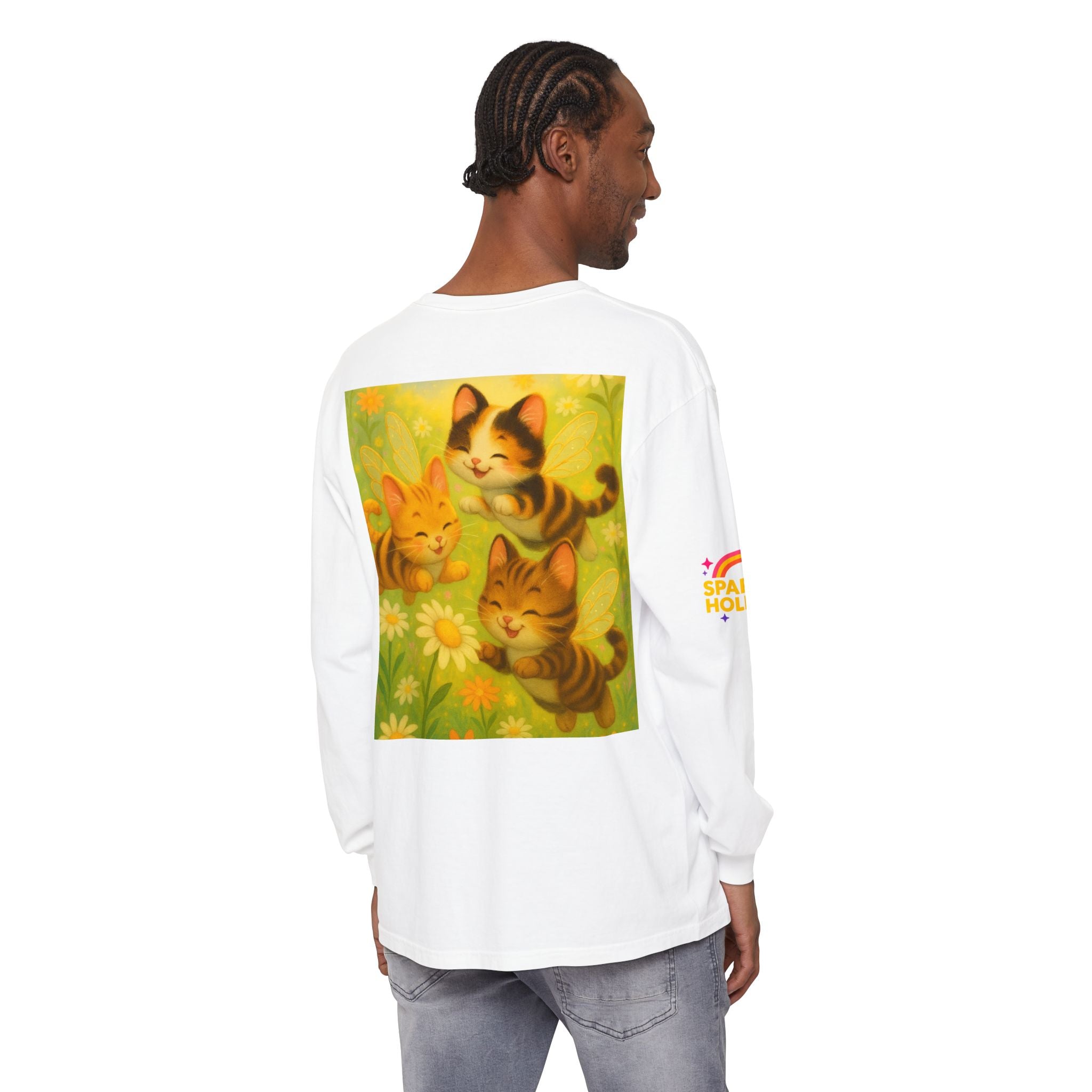 Long Sleeve T-Shirt - Whimsical Bumble Cats and Daisies in Land of Sparkle