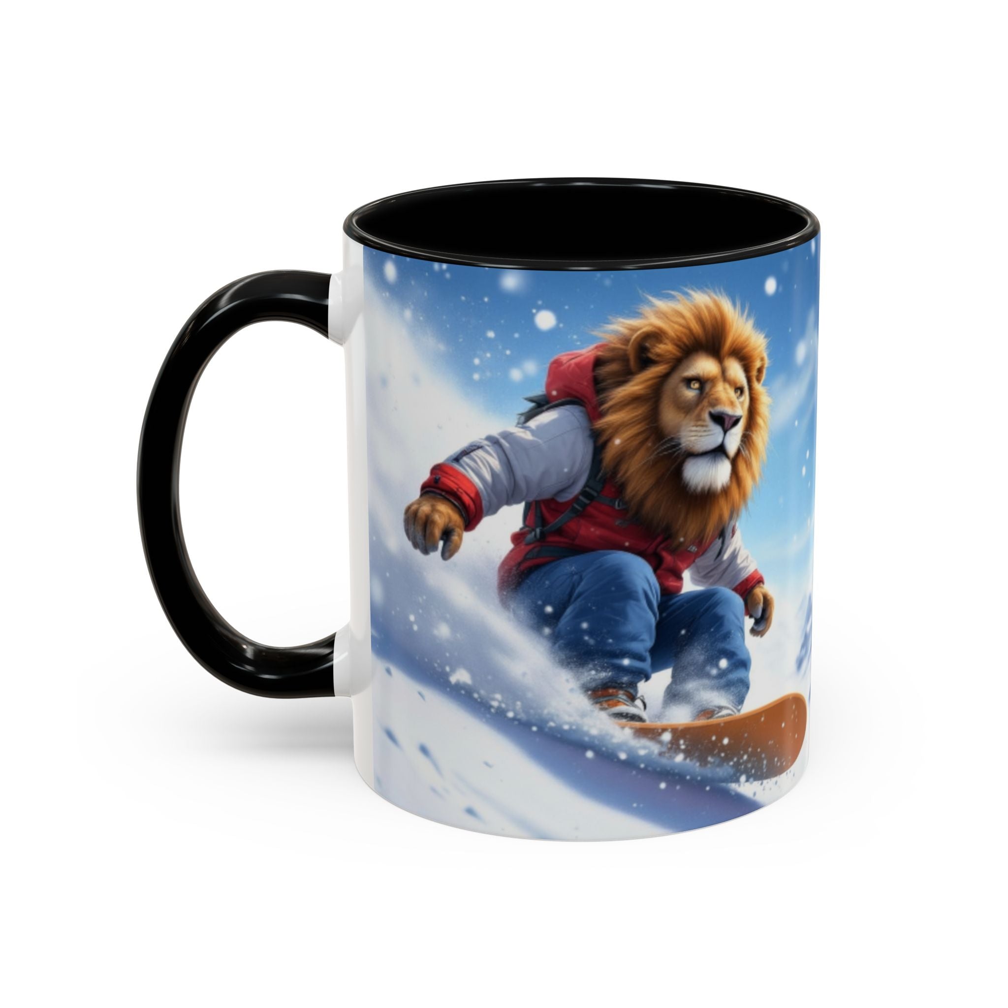 Snowboarding Lion Coffee Mug — Winter Sports Animal Art 11/15oz