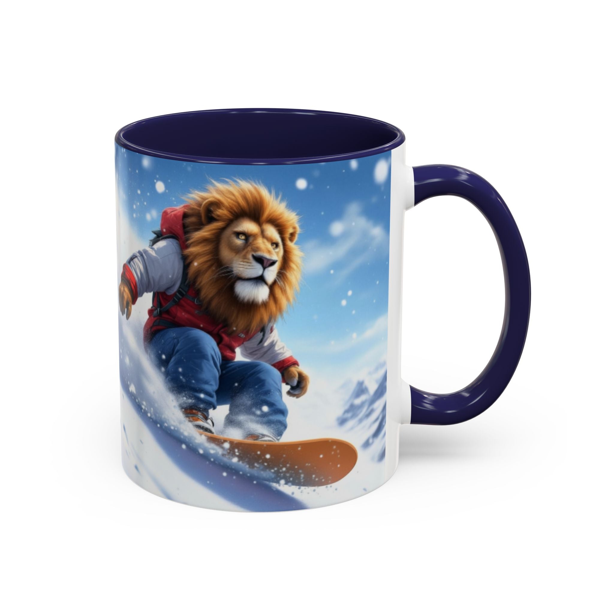 Snowboarding Lion Coffee Mug — Winter Sports Animal Art 11/15oz