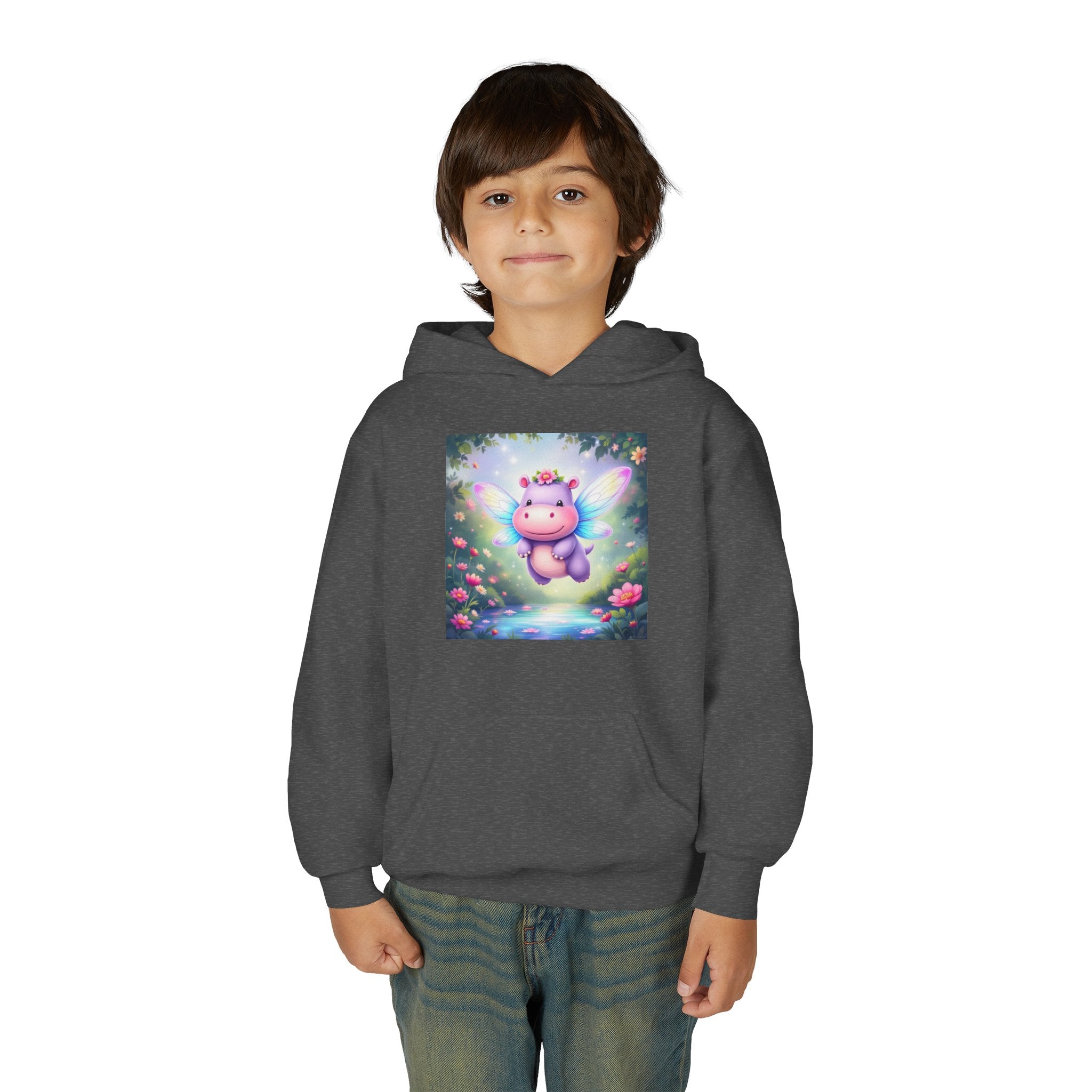 Whimsical Fairy Hippo Hooded Sweatshirt for Kids, Cute Gifts, Cozy Hoodie, Floral Design, Birthday Present