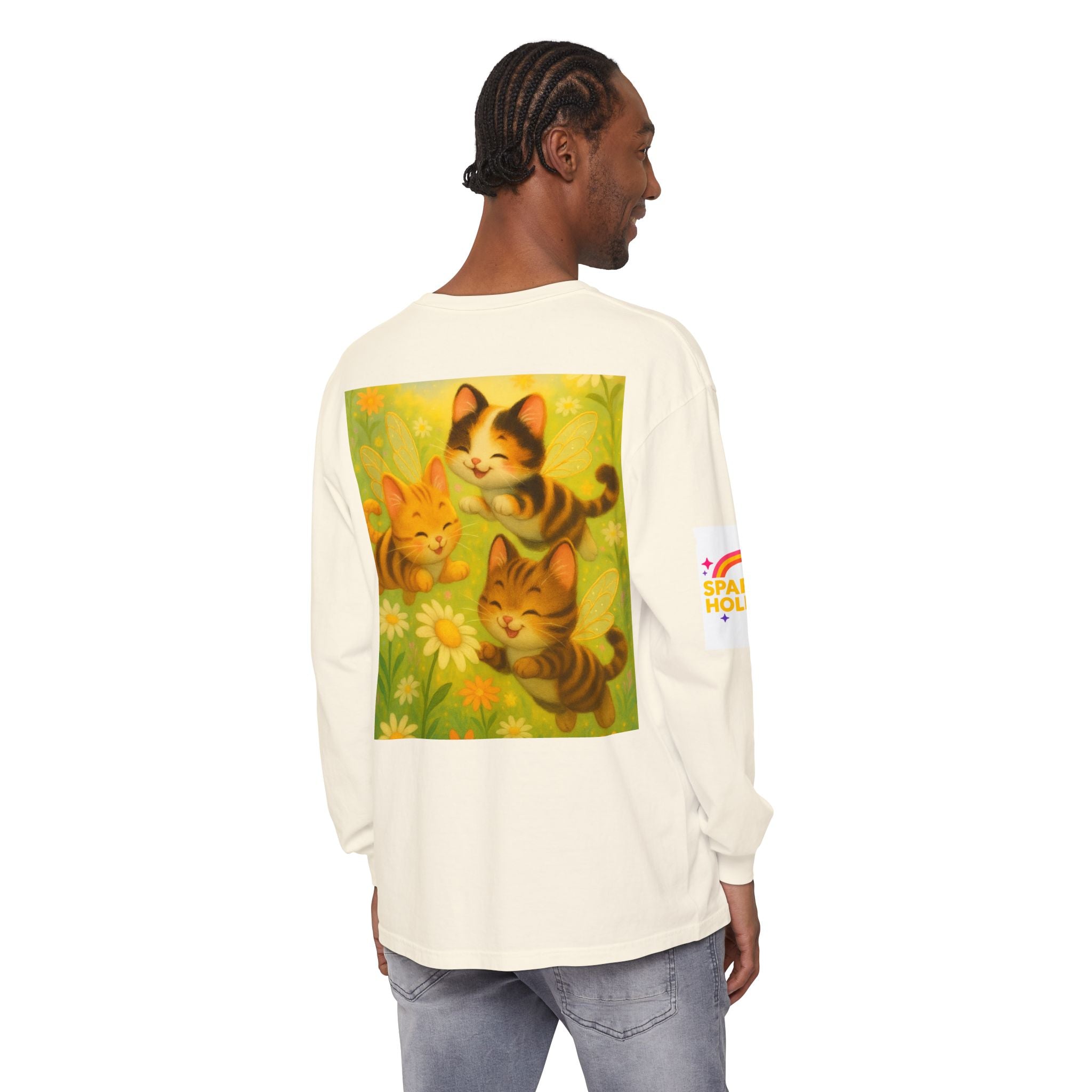 Long Sleeve T-Shirt - Whimsical Bumble Cats and Daisies in Land of Sparkle