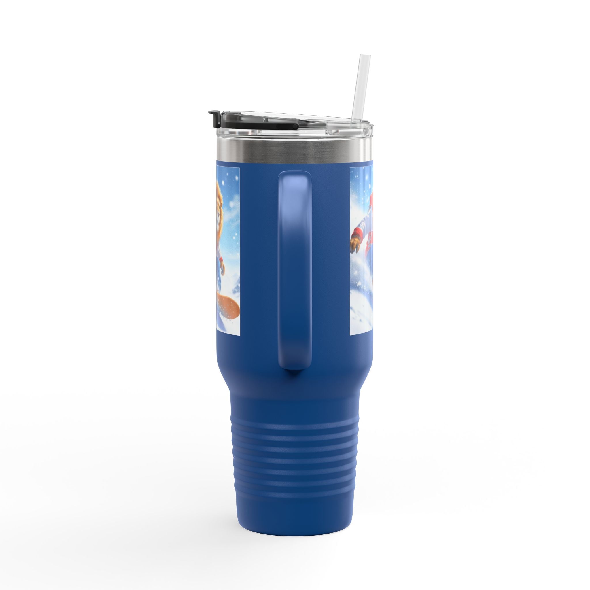 40oz Insulated Travel Mug — Snowboarding Lion Winter Adventure Design