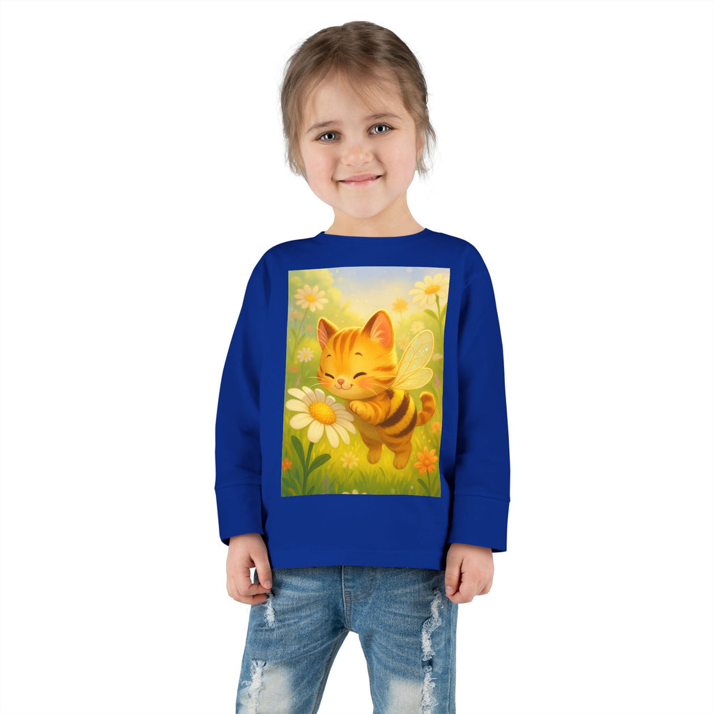 Toddler Long Sleeve Tee - Whimsical Honey Whisker Bumble Cat Garden of Flowers Design