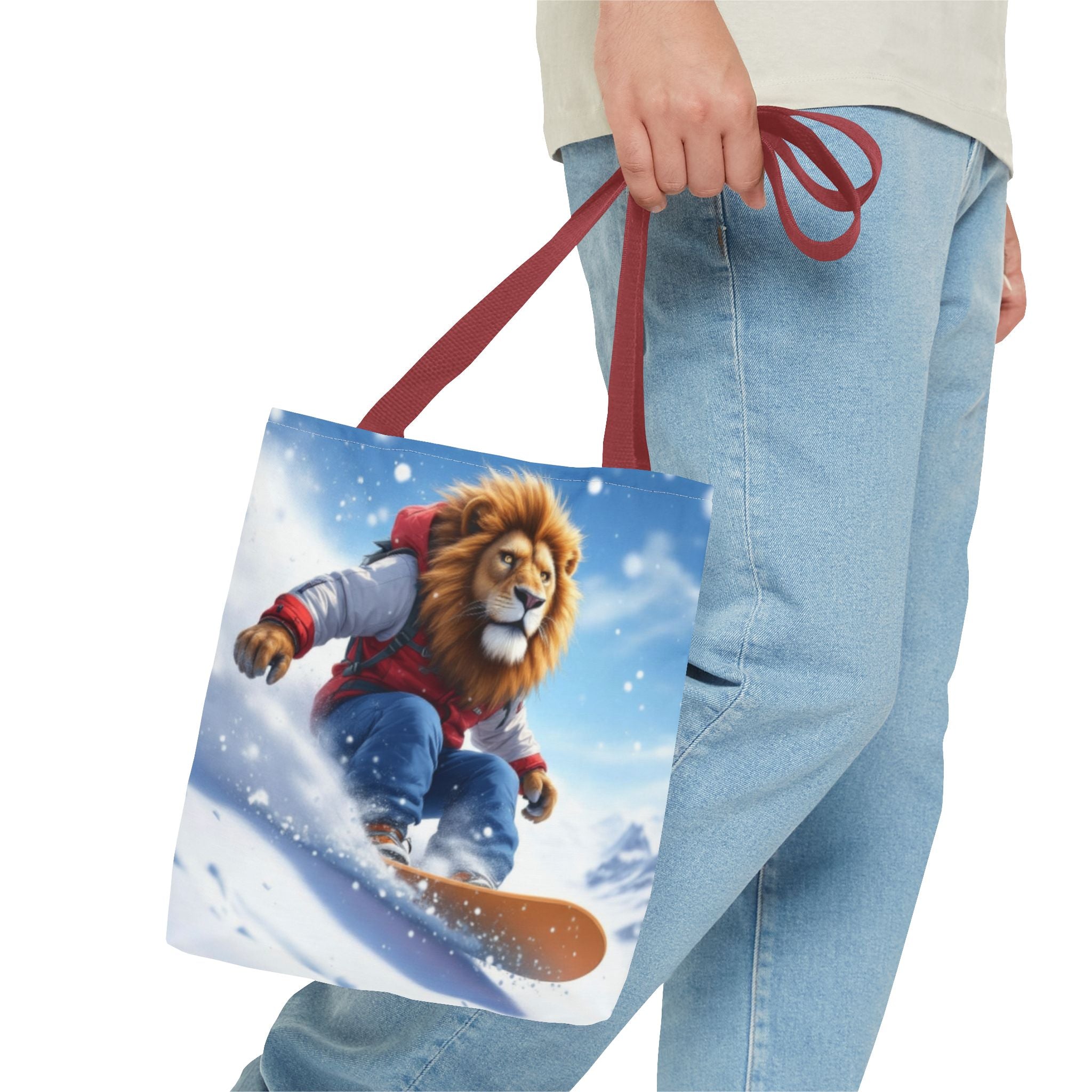 Snowboarding Lion Tote Bag — Cute Winter Animal Skiing Canvas Tote