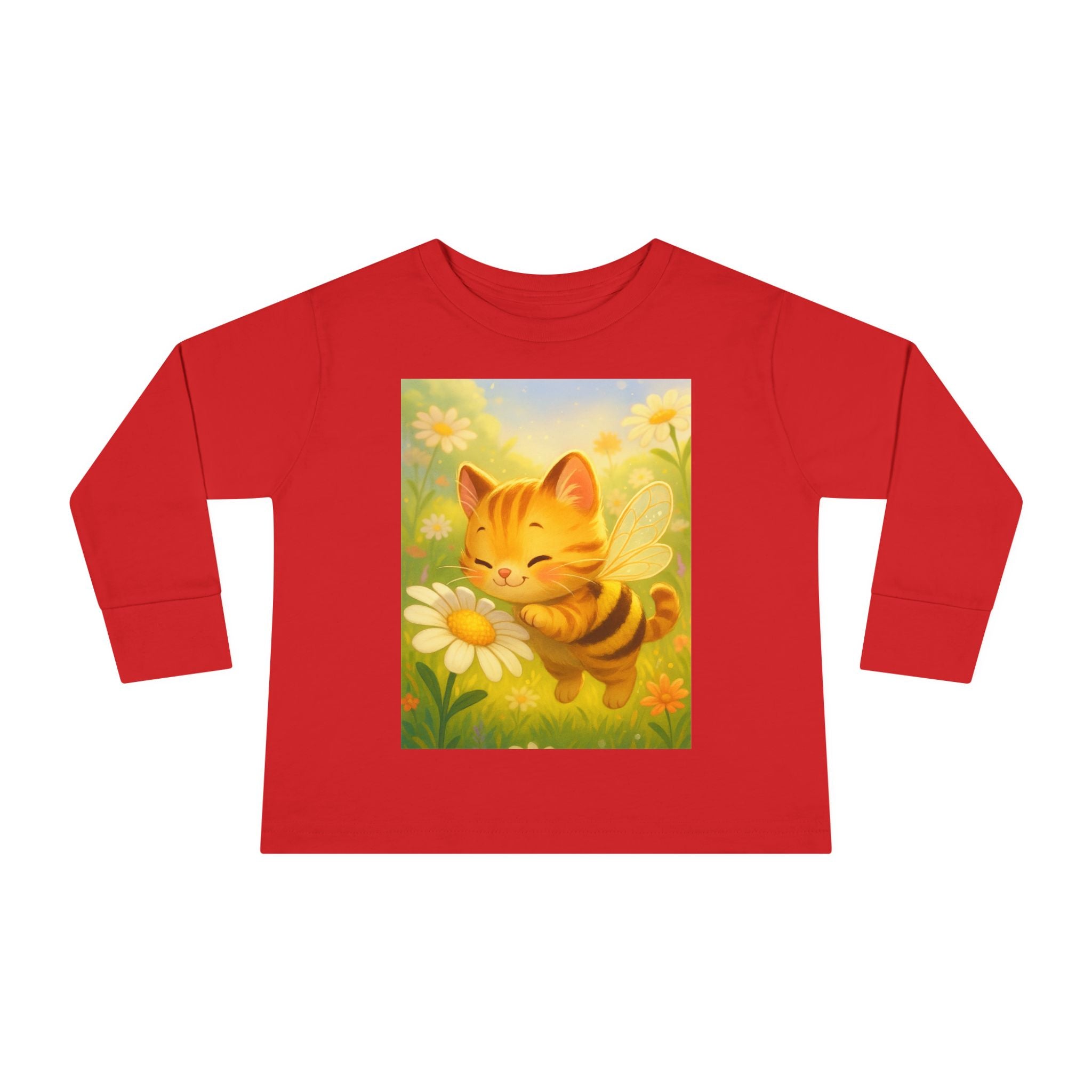 Toddler Long Sleeve Tee - Whimsical Honey Whisker Bumble Cat Garden of Flowers Design