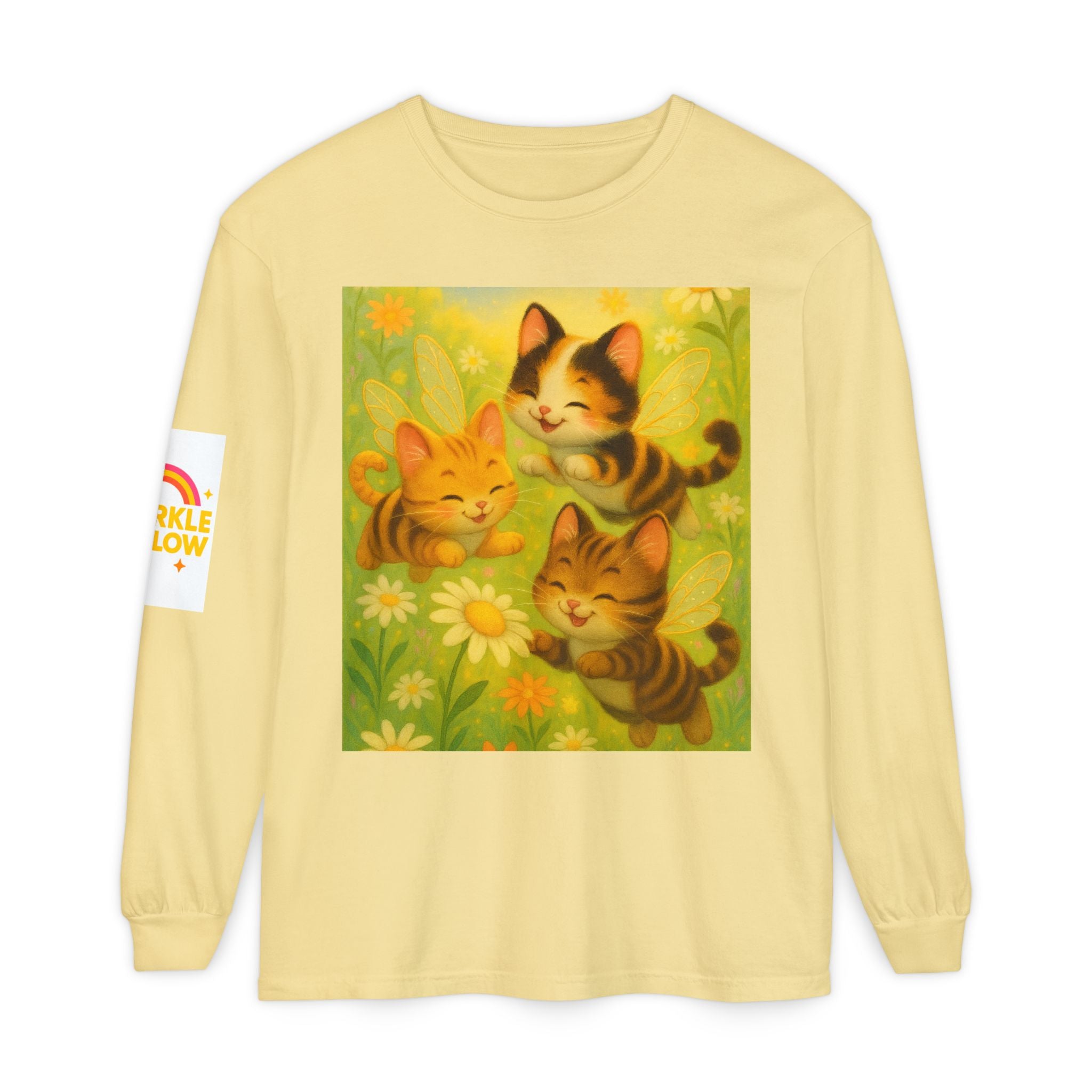 Long Sleeve T-Shirt - Whimsical Bumble Cats and Daisies in Land of Sparkle