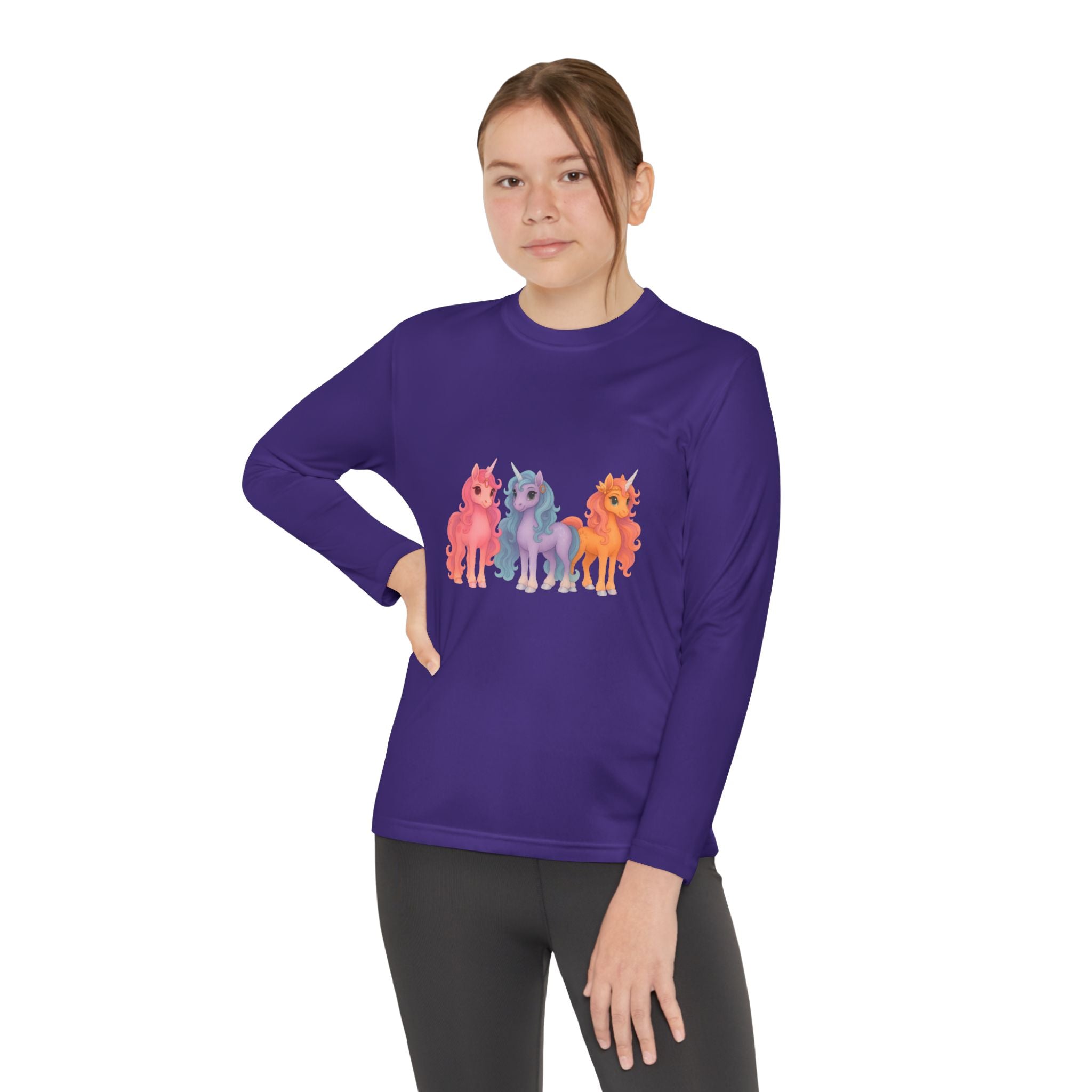 Youth Long Sleeve Tee — Colorful Cartoon Ponies Graphic