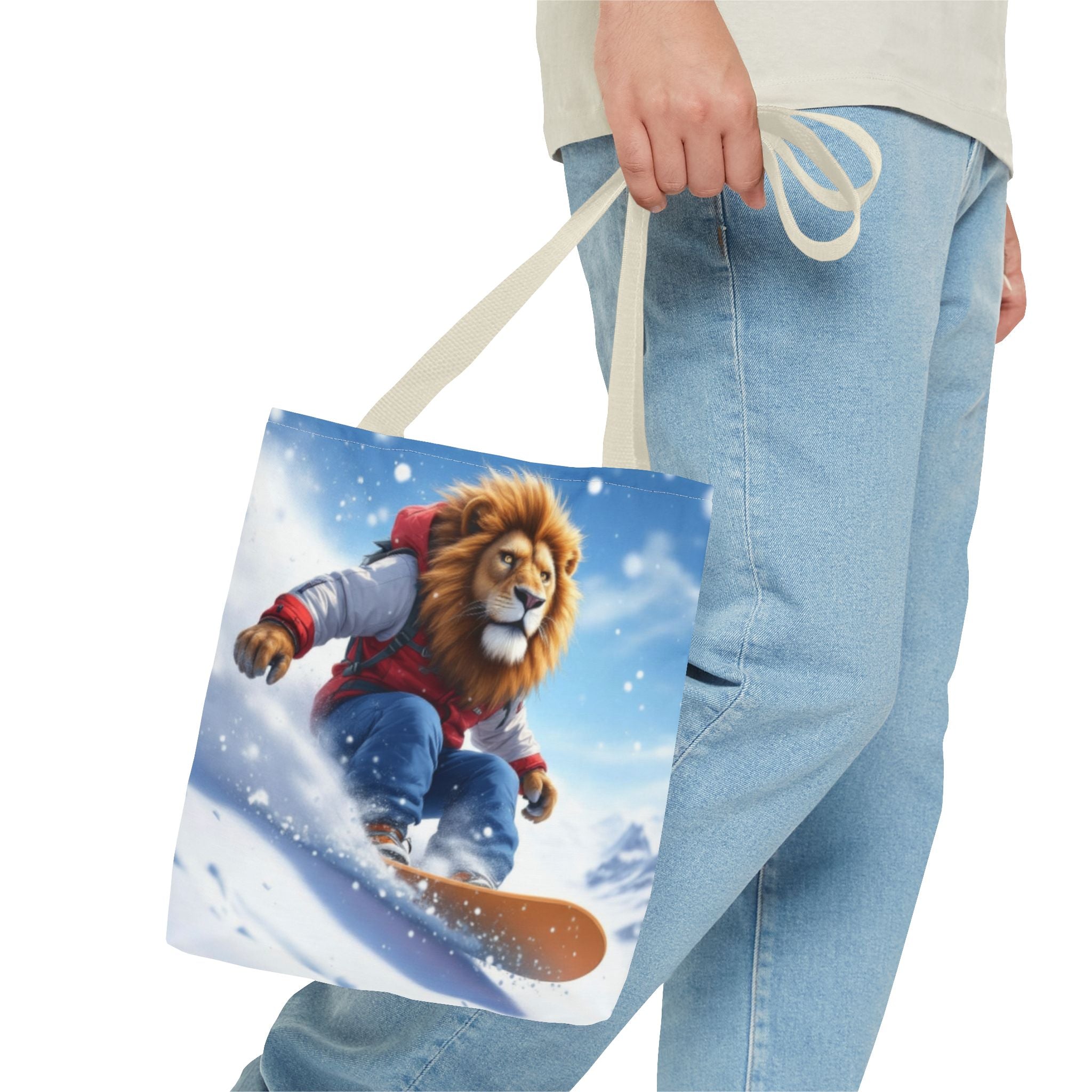 Snowboarding Lion Tote Bag — Cute Winter Animal Skiing Canvas Tote