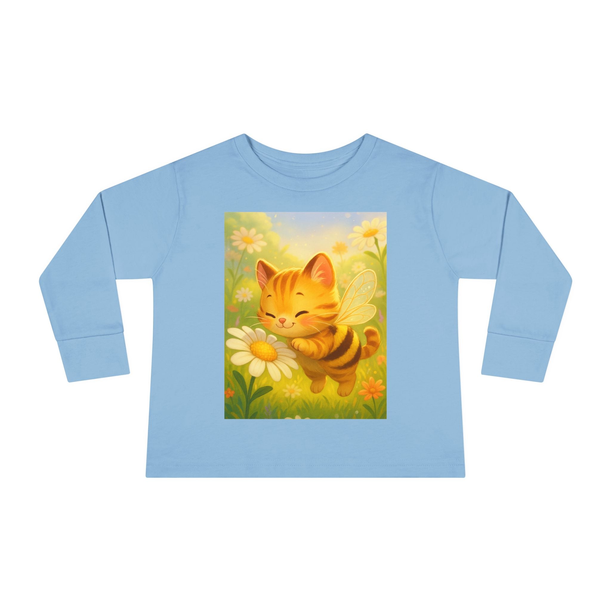 Toddler Long Sleeve Tee - Whimsical Honey Whisker Bumble Cat Garden of Flowers Design