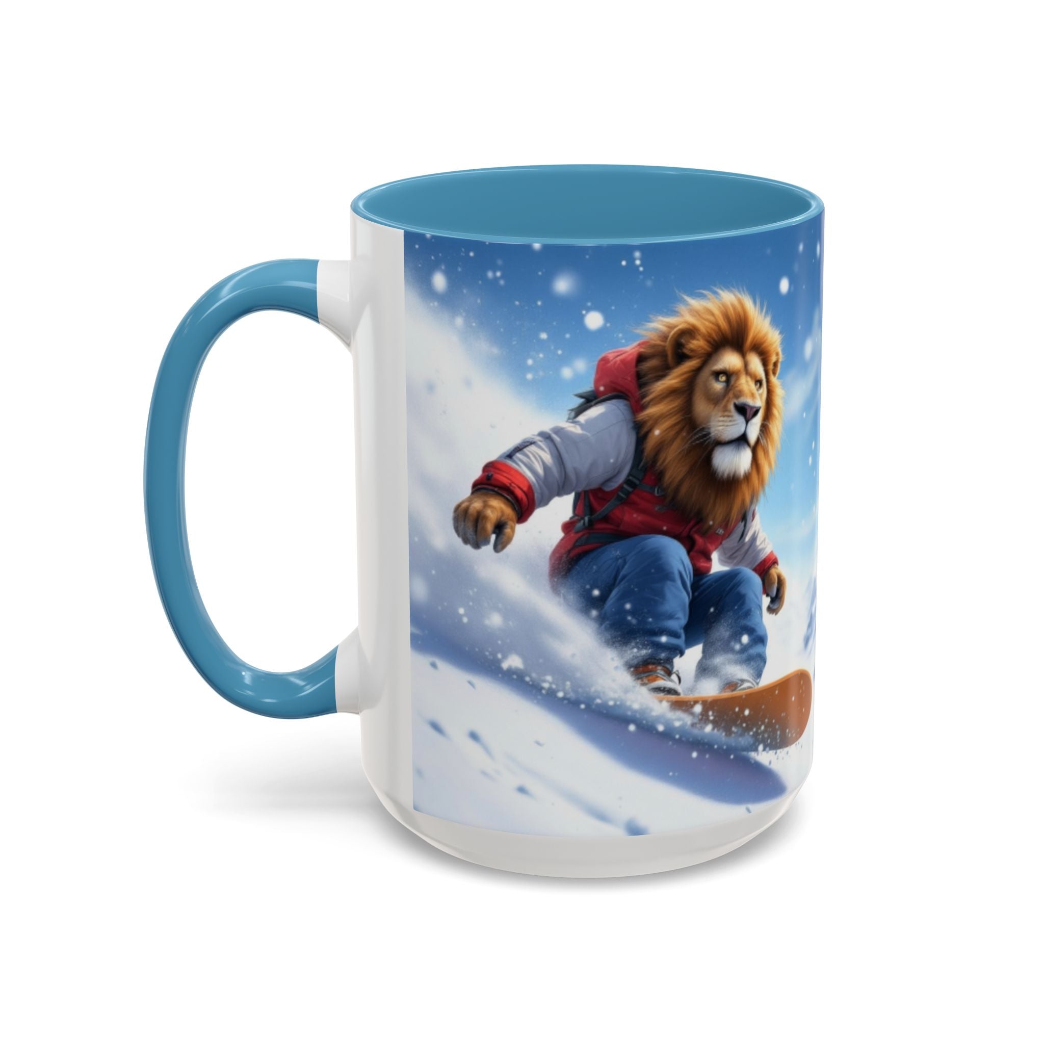 Snowboarding Lion Coffee Mug — Winter Sports Animal Art 11/15oz