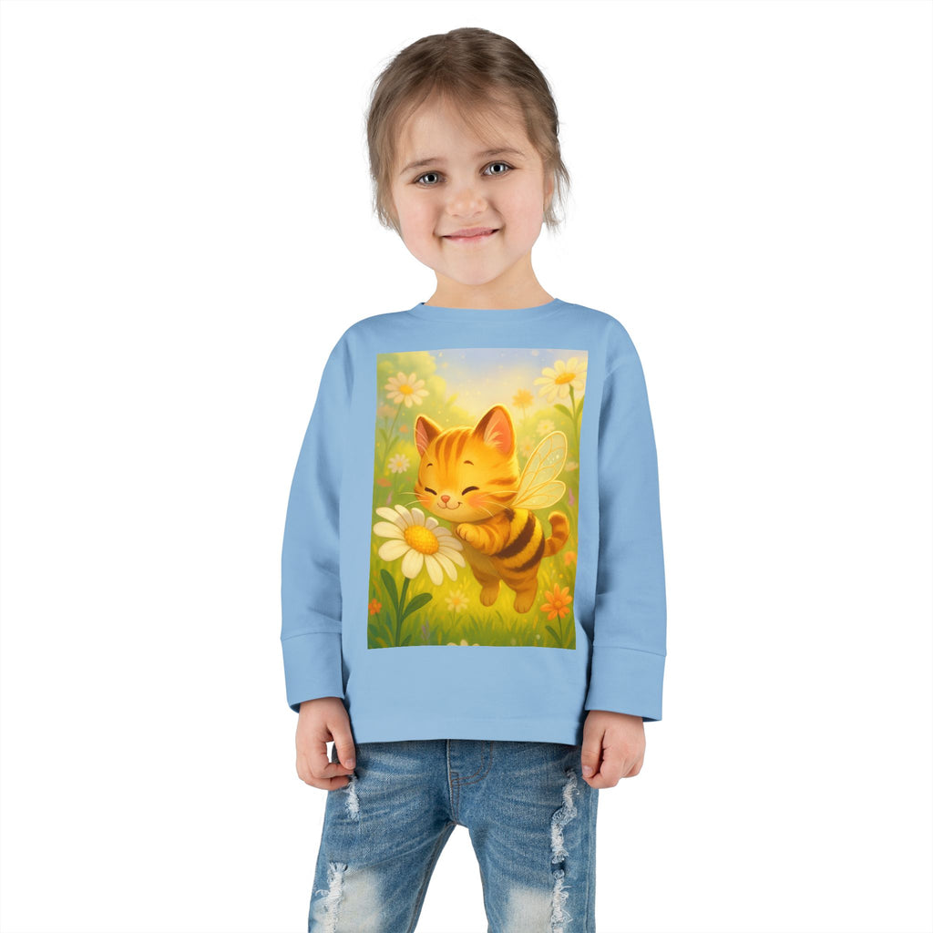 Toddler Long Sleeve Tee - Whimsical Honey Whisker Bumble Cat Garden of Flowers Design