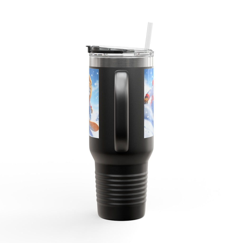 40oz Insulated Travel Mug — Snowboarding Lion Winter Adventure Design
