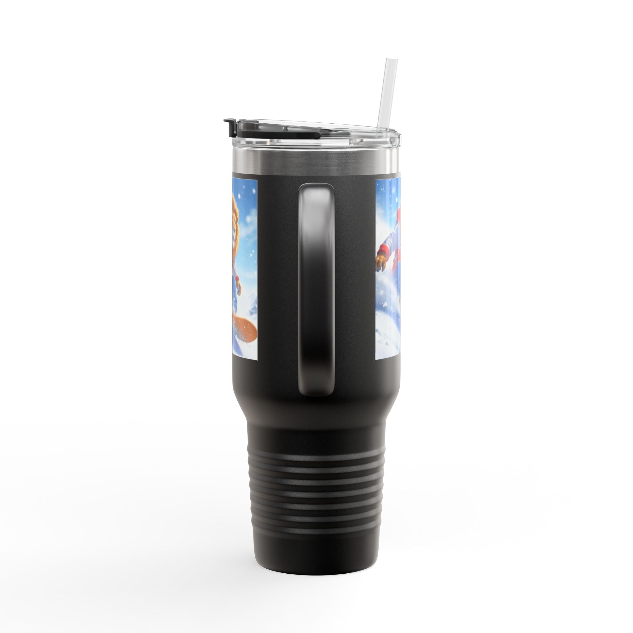 40oz Insulated Travel Mug — Snowboarding Lion Winter Adventure Design