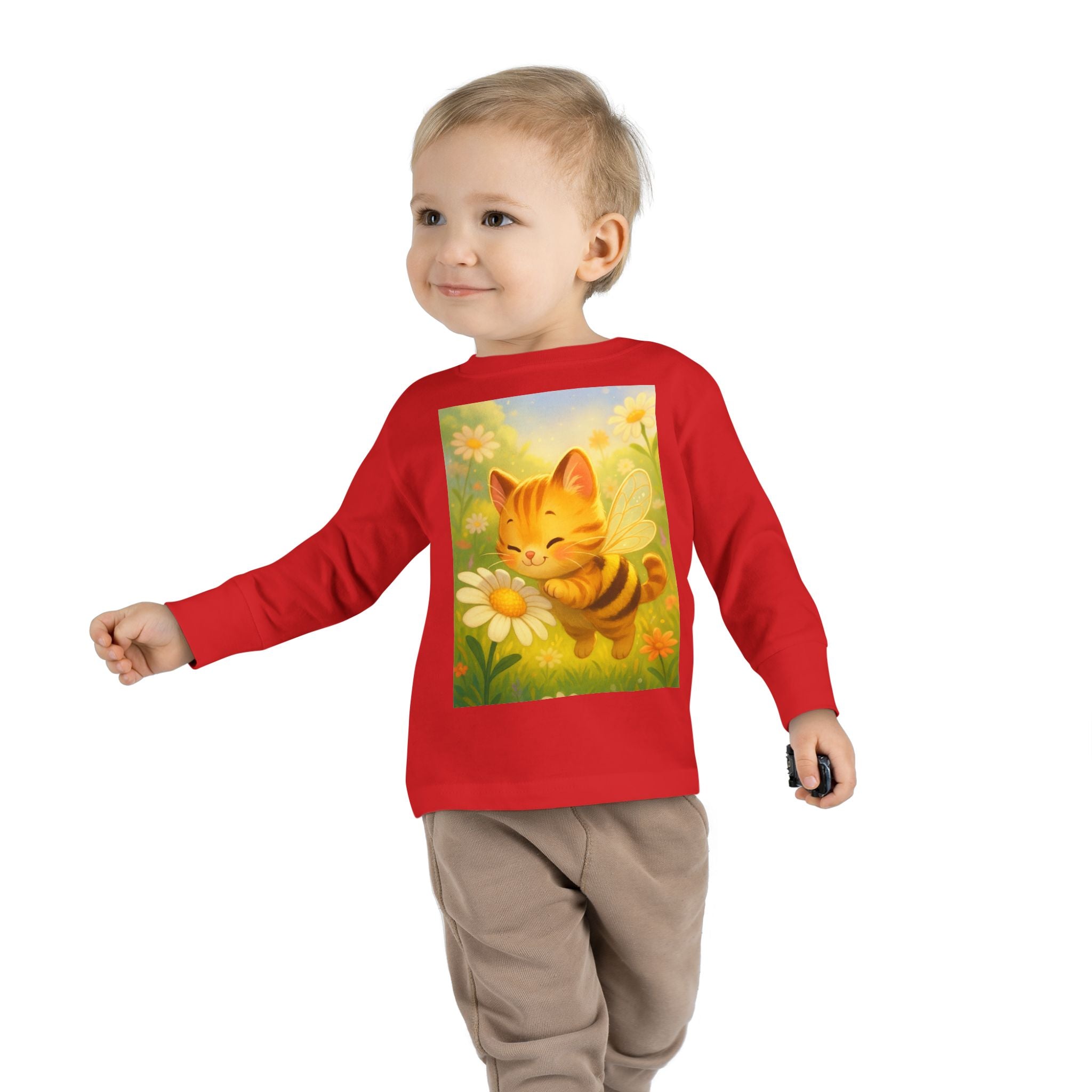 Toddler Long Sleeve Tee - Whimsical Honey Whisker Bumble Cat Garden of Flowers Design