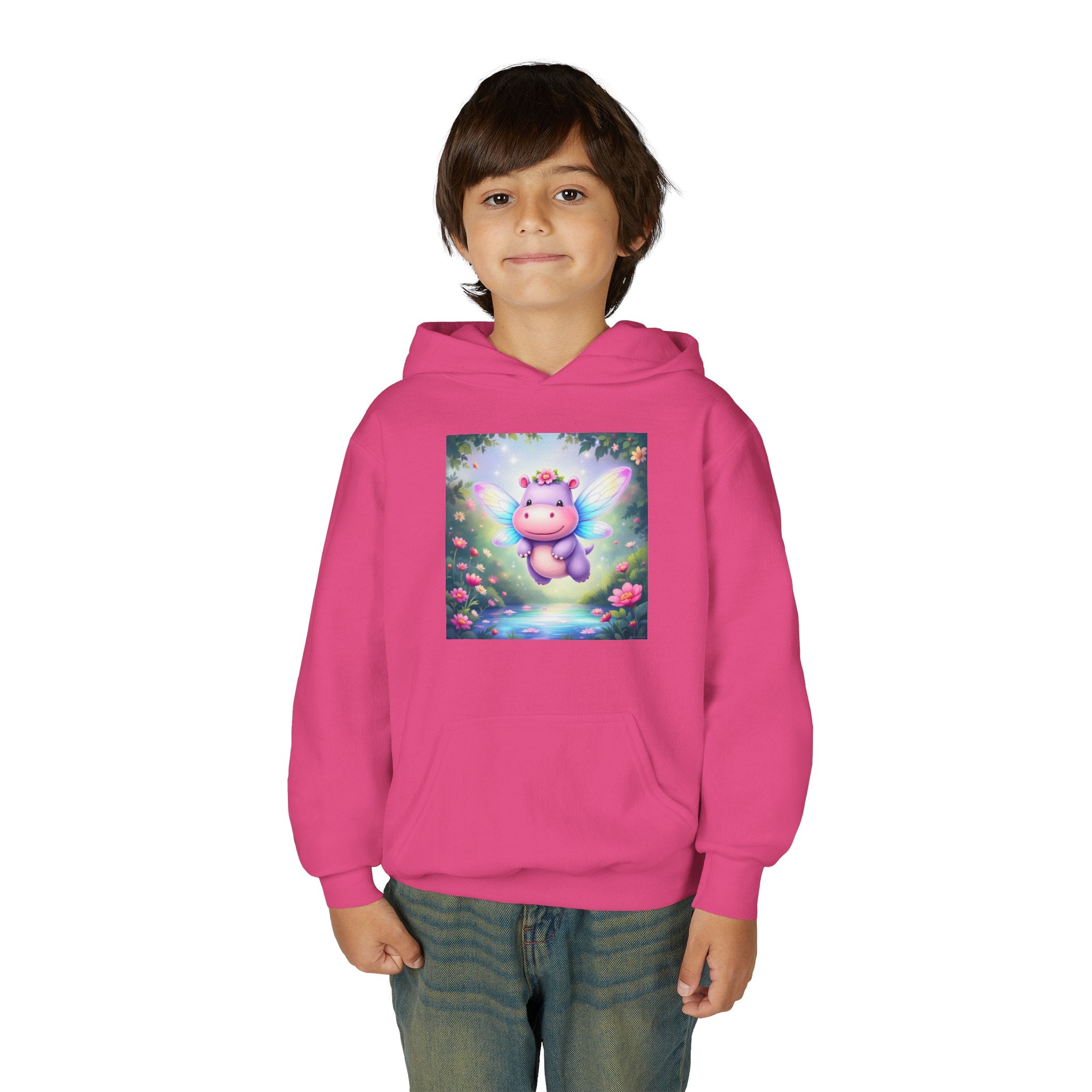 Whimsical Fairy Hippo Hooded Sweatshirt for Kids, Cute Gifts, Cozy Hoodie, Floral Design, Birthday Present