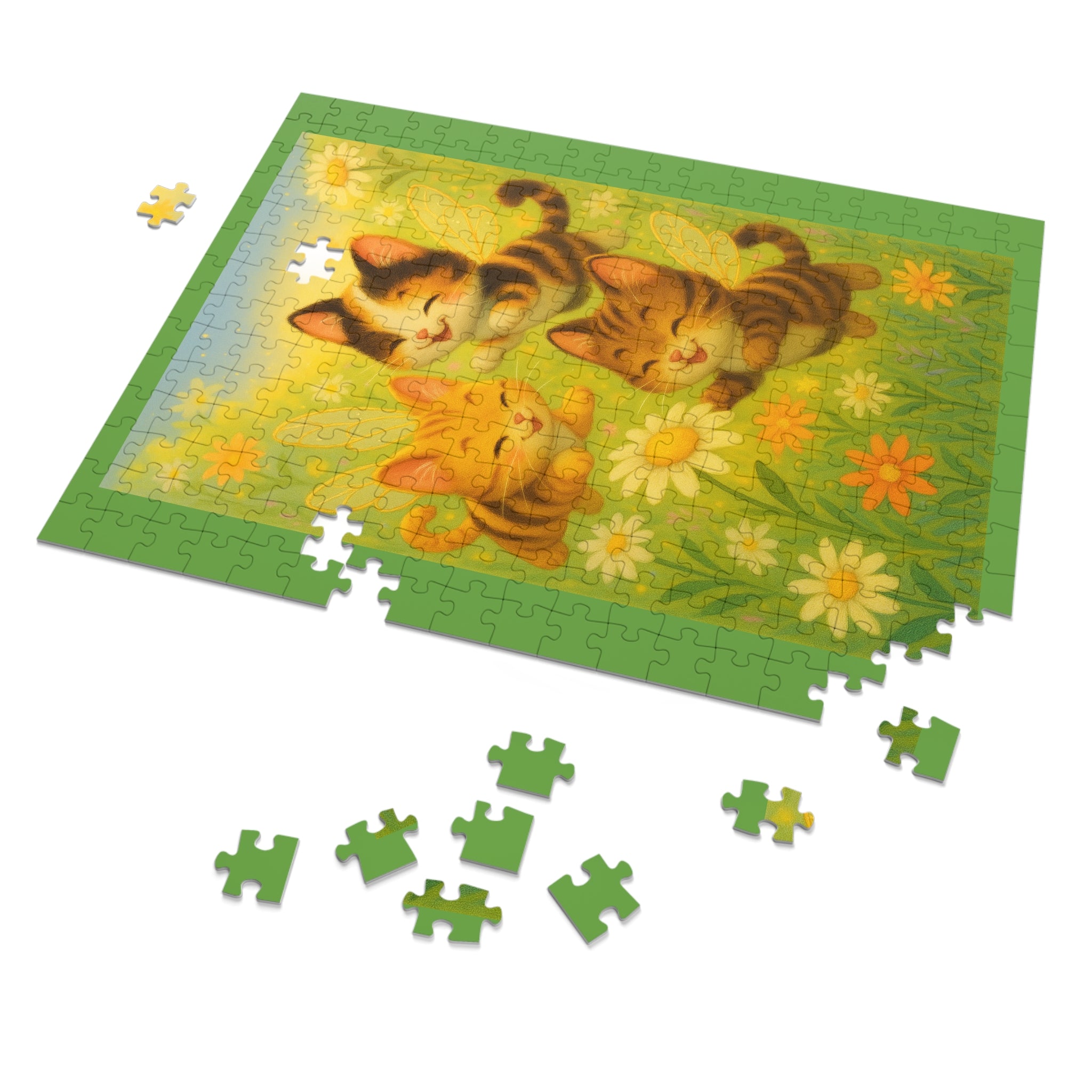Jigsaw Puzzle: Whimsical Bumble Cat Trio Playing in Garden of Flowers