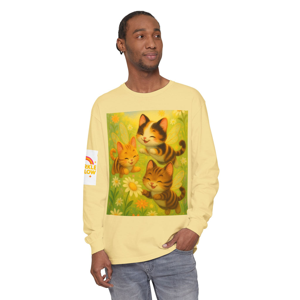 Long Sleeve T-Shirt - Whimsical Bumble Cats and Daisies in Land of Sparkle