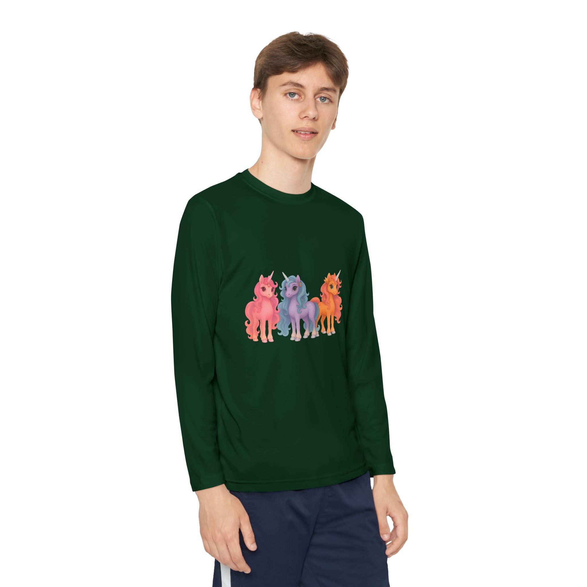 Youth Long Sleeve Tee — Colorful Cartoon Ponies Graphic