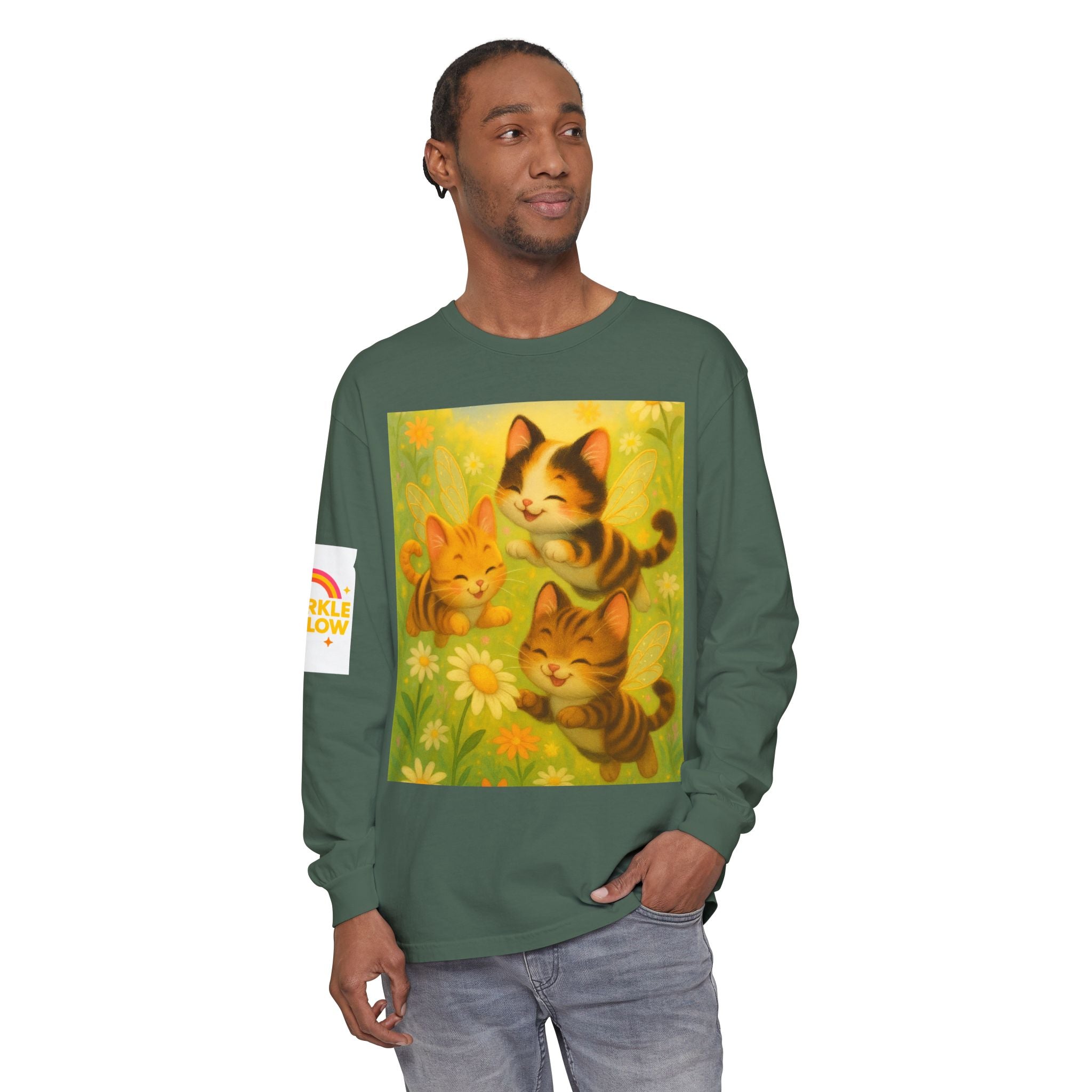 Long Sleeve T-Shirt - Whimsical Bumble Cats and Daisies in Land of Sparkle