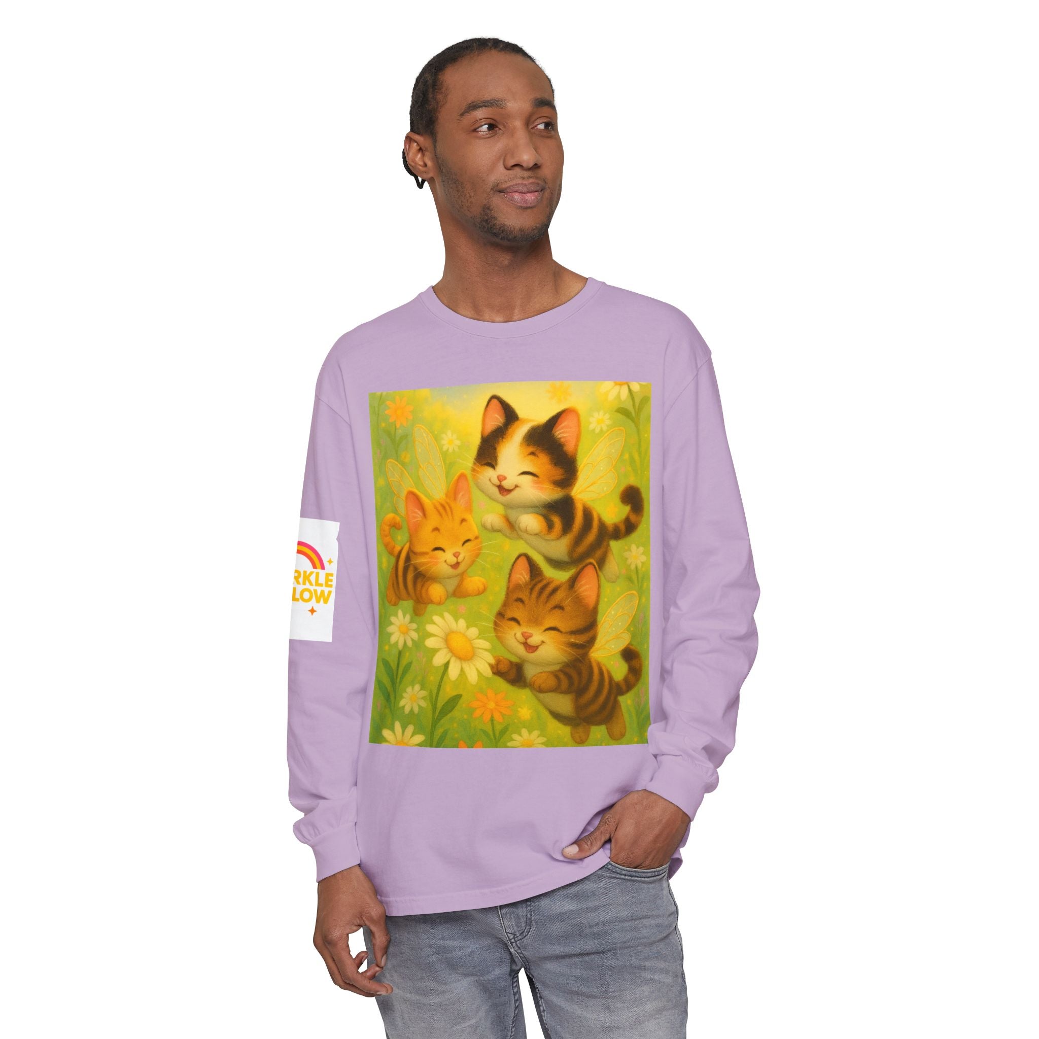 Long Sleeve T-Shirt - Whimsical Bumble Cats and Daisies in Land of Sparkle