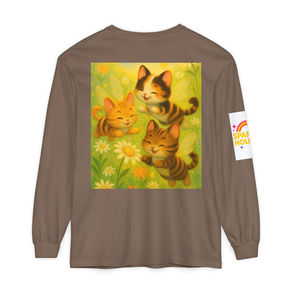 Long Sleeve T-Shirt - Whimsical Bumble Cats and Daisies in Land of Sparkle