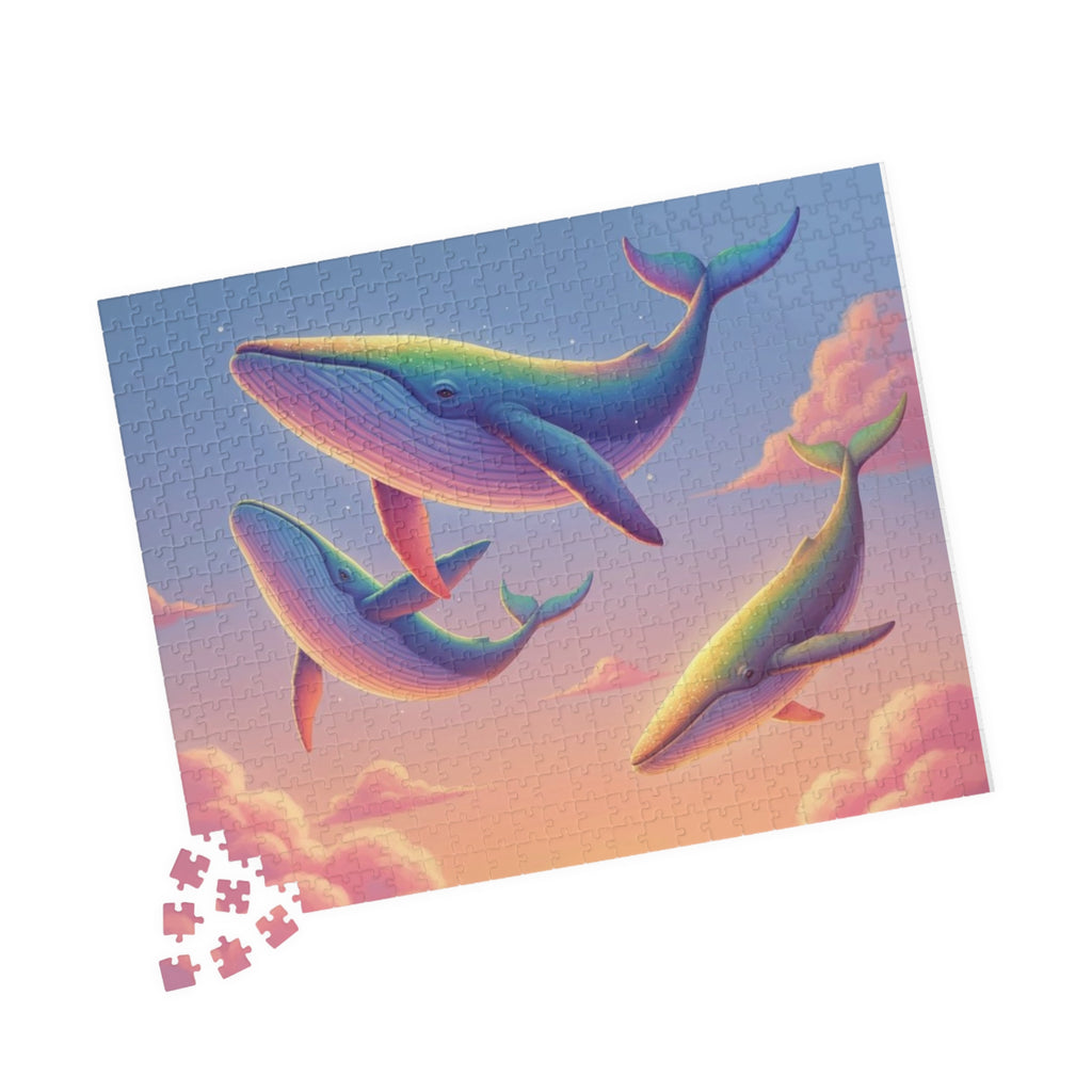 Soaring Rainbow Whales Jigsaw Puzzle — Scenic Ocean Fantasy Puzzle (110/252/520/1014 pcs)