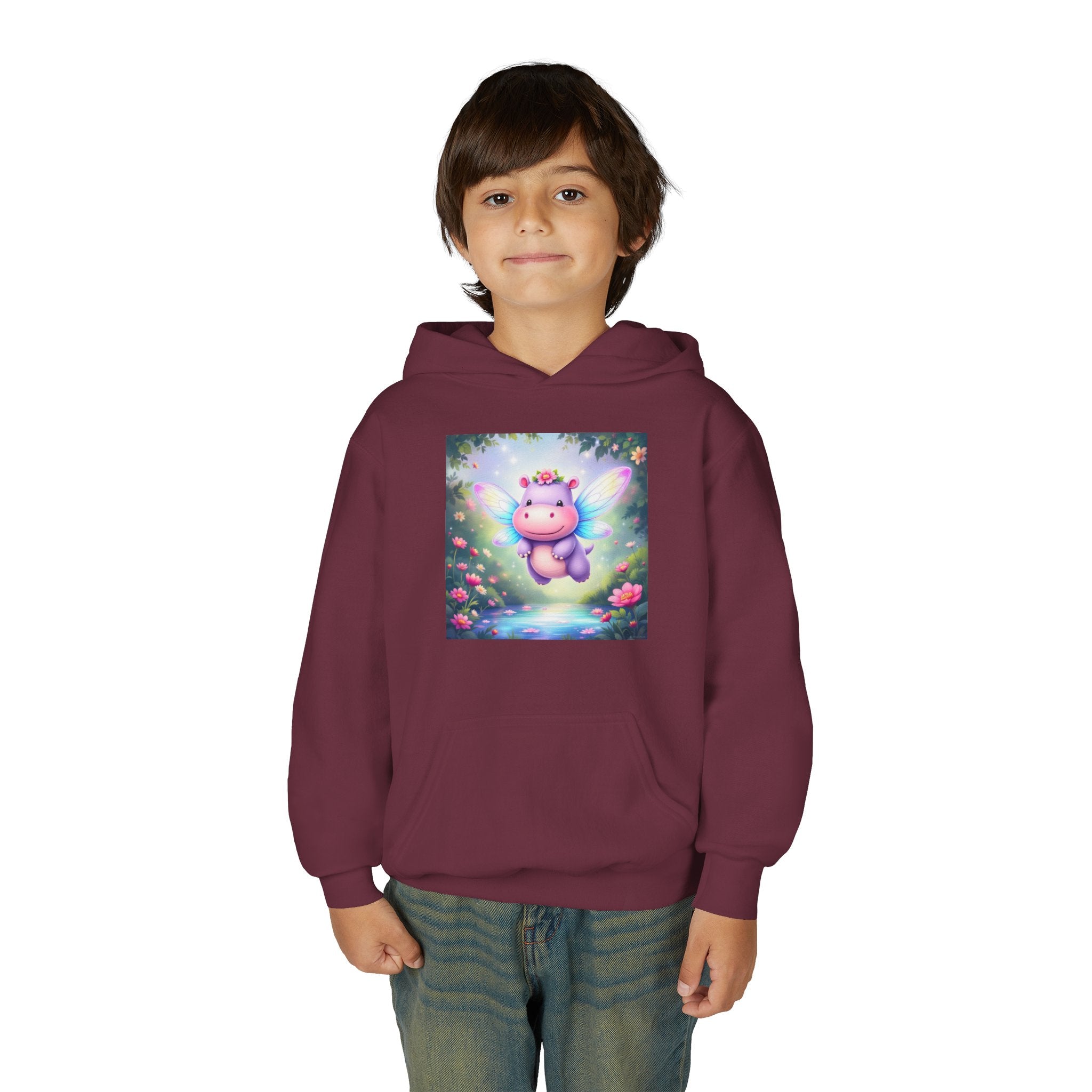 Whimsical Fairy Hippo Hooded Sweatshirt for Kids, Cute Gifts, Cozy Hoodie, Floral Design, Birthday Present